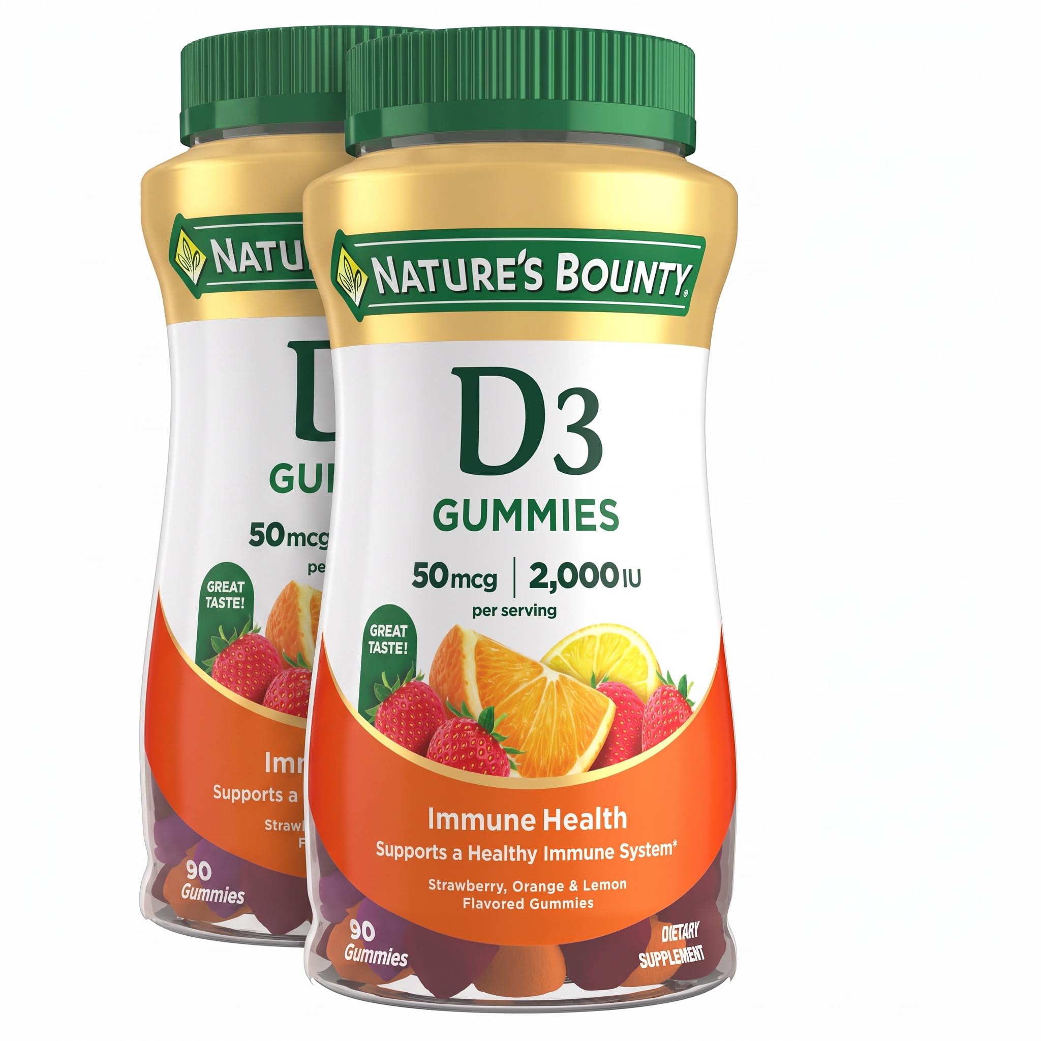 Nature's Bounty Vitamin D3 Gummies, Vitamin Supplement, Supports Immune Health, 50mcg, 2000IU, Mixed Fruit Flavor, 90 Gummies (Pack of 2) Strawberry, Orange & L
