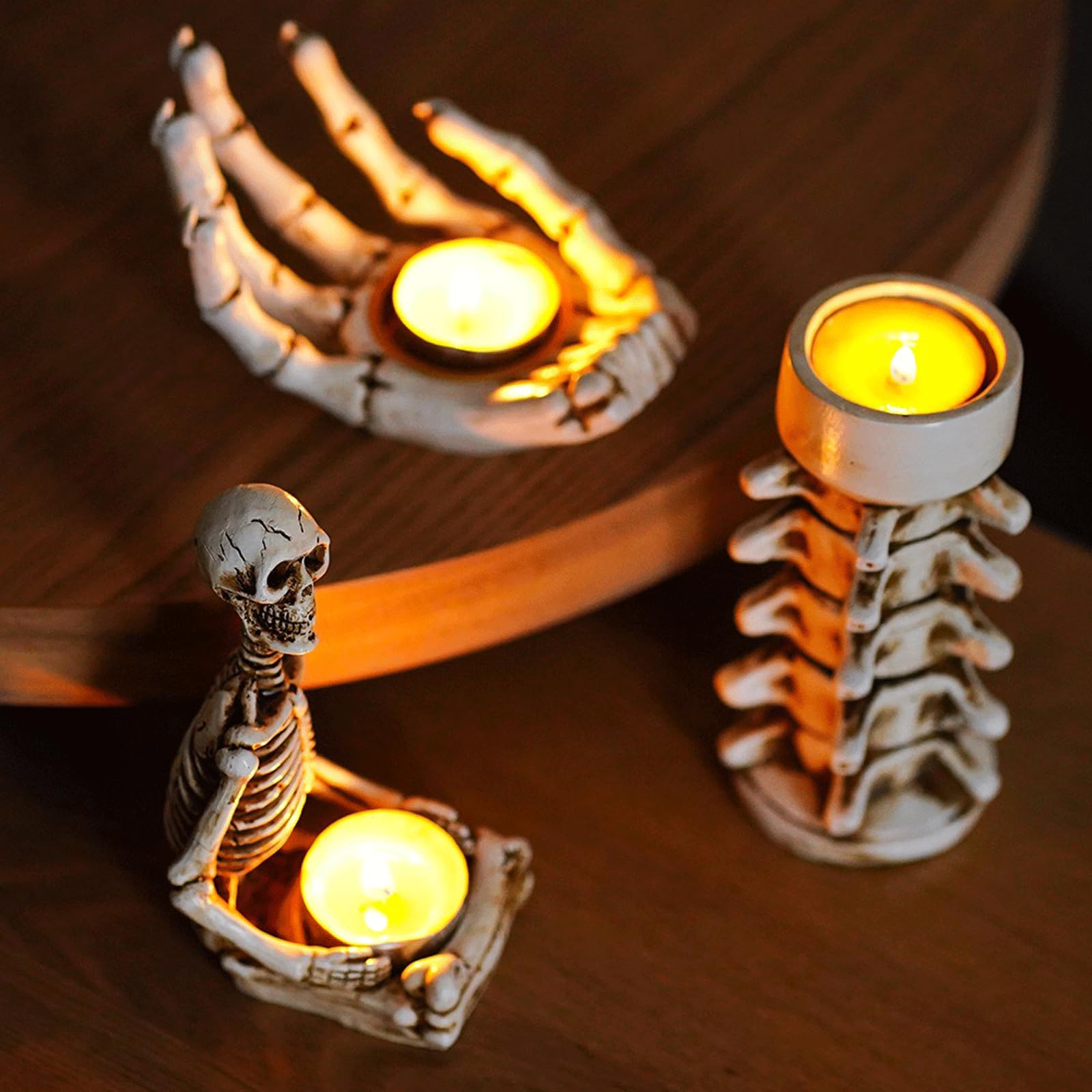 Zestaw 3 świeczników na Halloween, szkielet, czaszka, ręka, kręgosłup, świecznik, stojak gotycki, dekoracja nowego domu, prezent