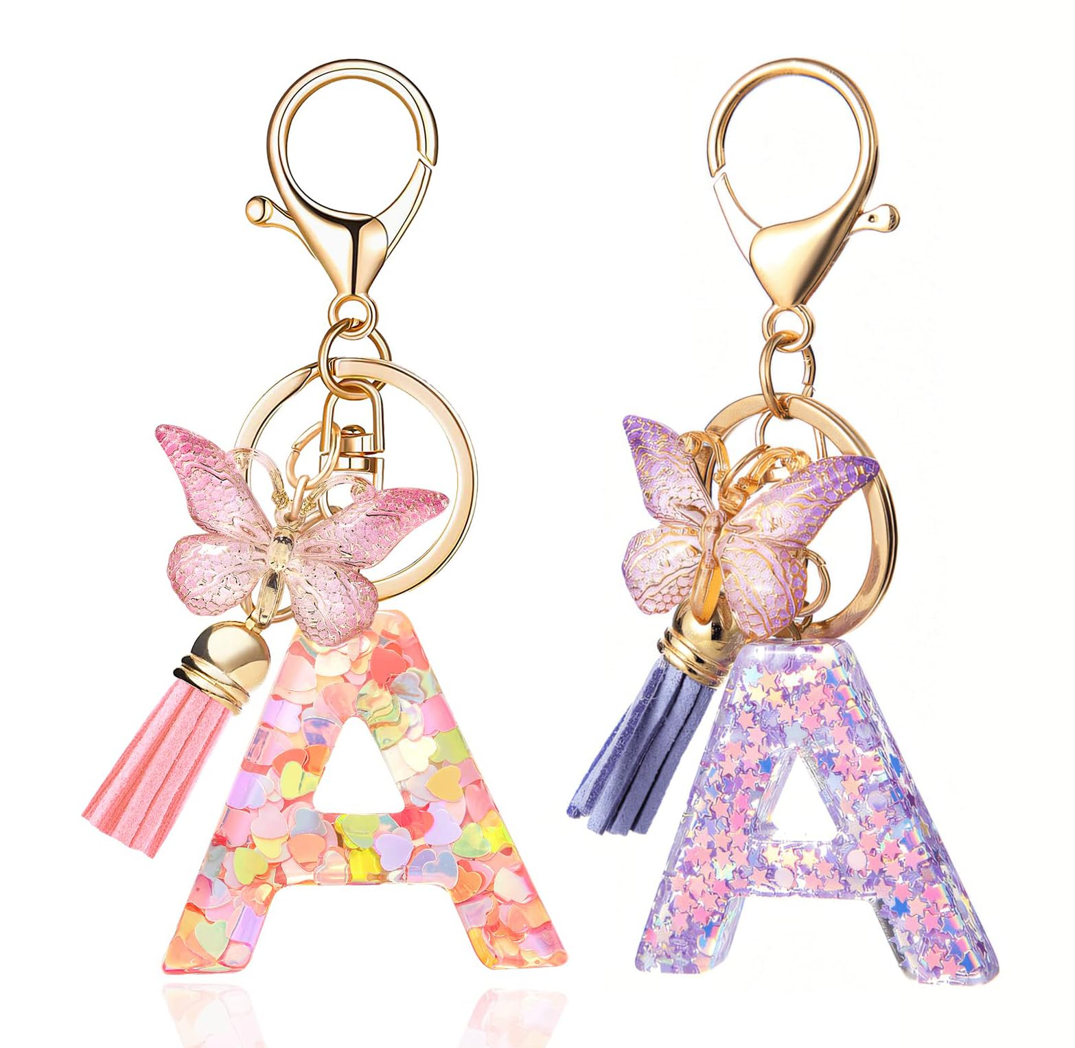 Knource2PCS Fashion Alphabet Initial Letter Keychain Tassel Butterfly Pendant Key Ring for Purse Handbags Women Girl