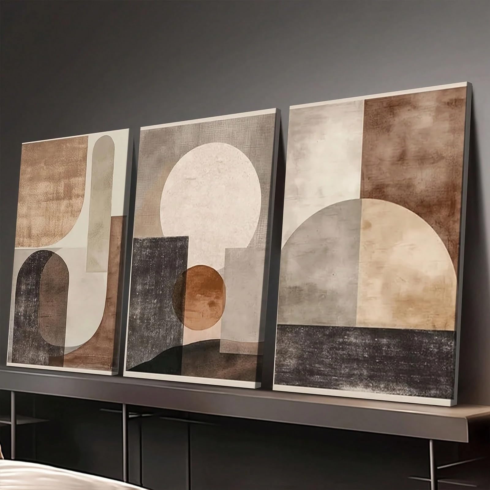 3 lienzos abstractos geométricos en tonos beige y marrón para decoración de habitaciones (50x70cm x 3 / Sin marco)