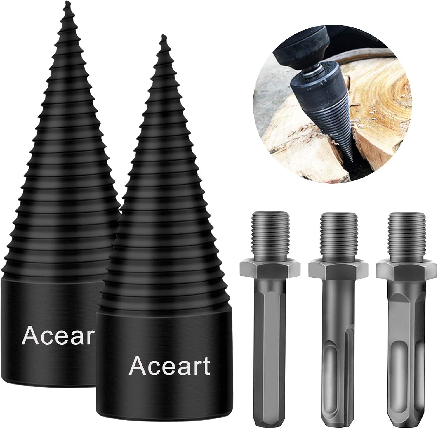 Aceart Firewood Log Drill Bit, 5Pcs Removable Wood Splitter Screw with Round + Hex + Square Shank, 32MM Heavy Duty Drill Screw Cone Driver for Hand Drill Stick