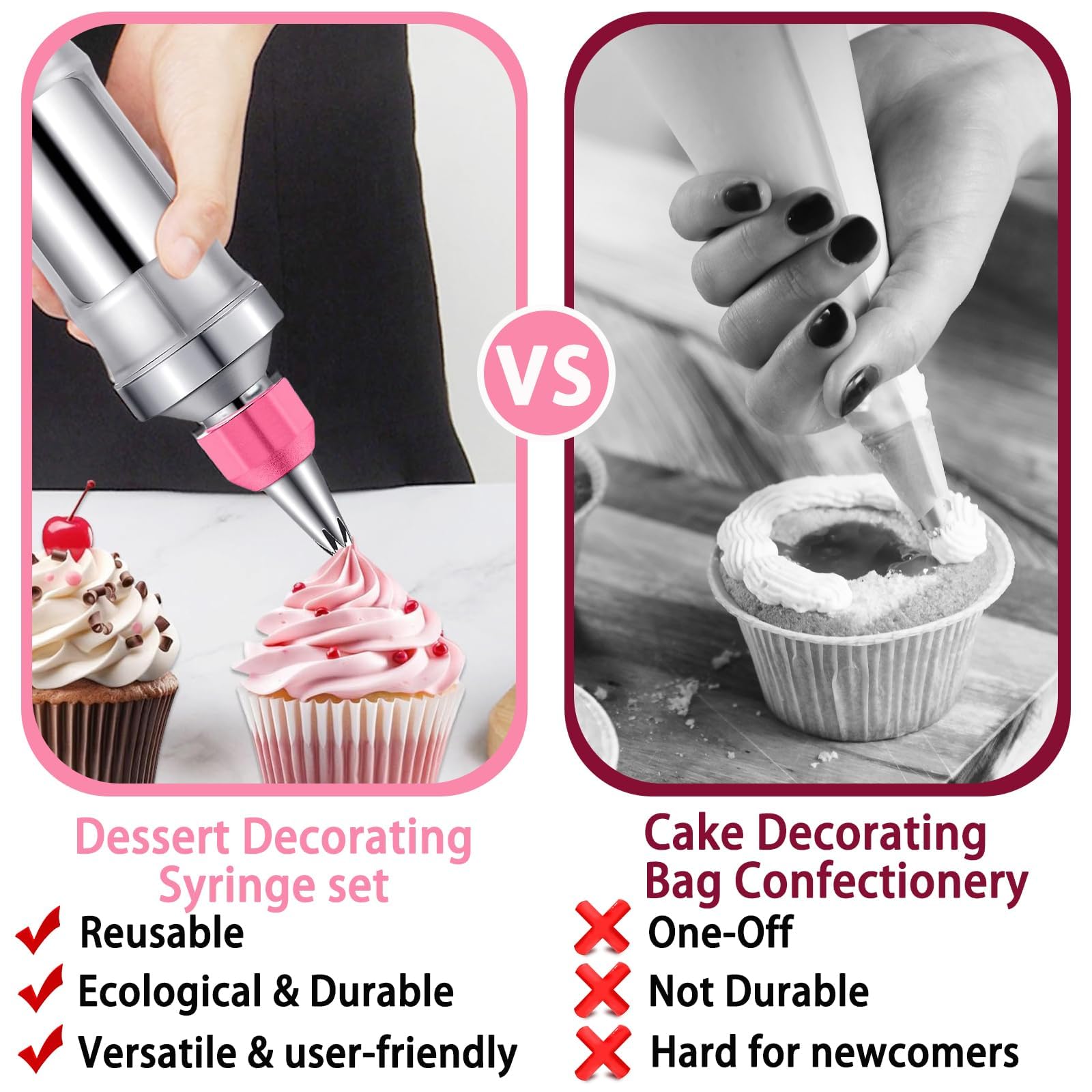 Ensemble de seringues de décoration de dessert, kit de glaçage en acier inoxydable pour décoration de gâteaux avec spatule, kit de décoration de cupcakes, poches à douille et embouts (noir)