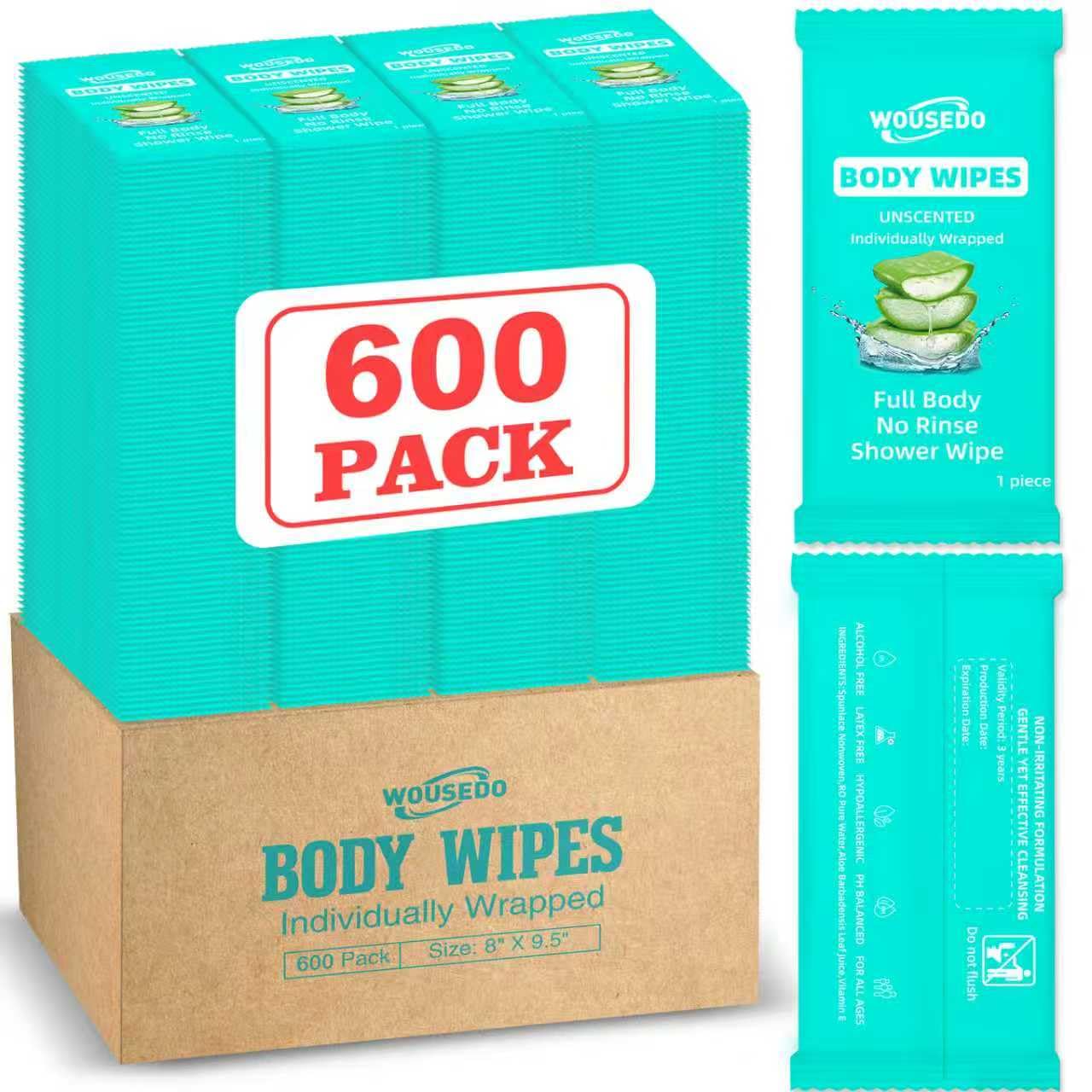 600 Pack Individually Wrapped Body Wipes 8 x 9 5 No-Rinse Shower Wipe for Adults Travel Gym Camping