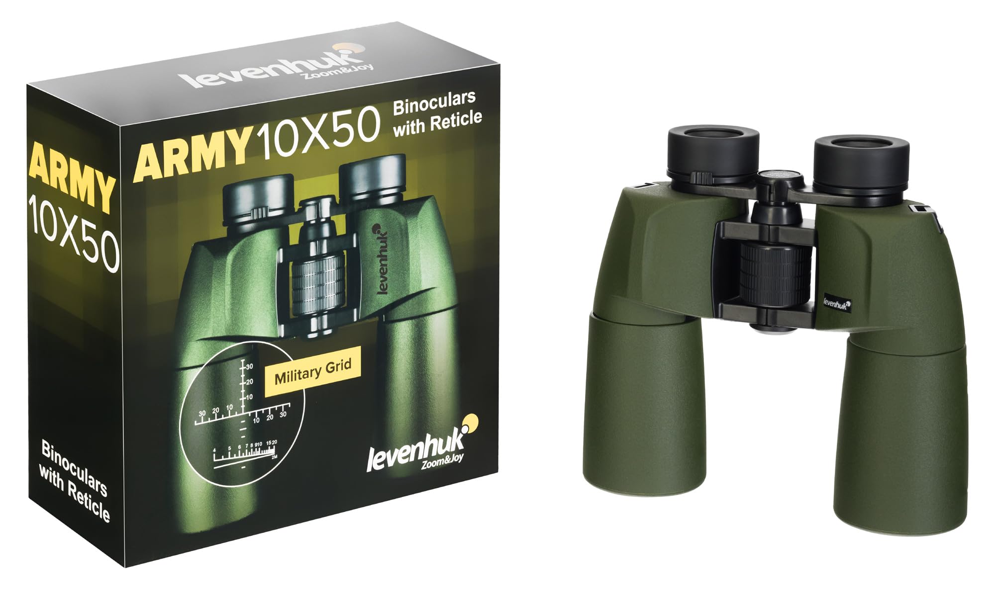 Levenhuk Army 10x50 Prismáticos Resistentes para Aves y Fauna | con Cuerpo de Goma Impermeable y Resistente al Polvo, Lentes con Revestimiento Multicapa, con Retícula y Escala