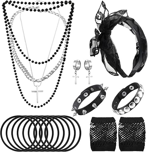 Accesorios de disfraz de los años 80 para mujer, kit de fiesta de disfraces punk con diadema de encaje, aretes, guantes de red, collar, pulsera para