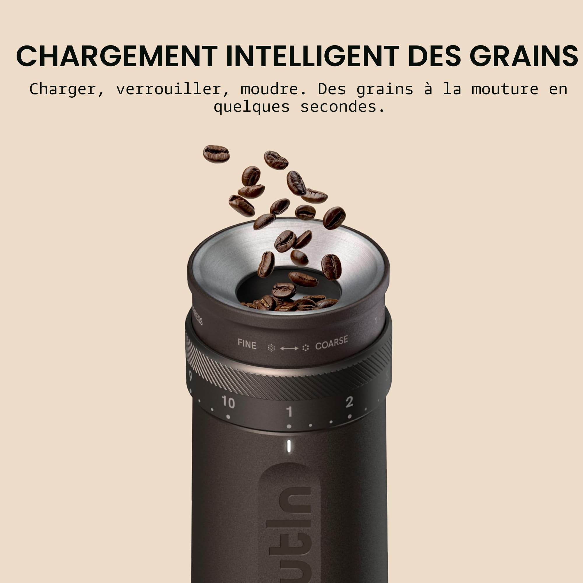 OutIn Fino Moulin à café électrique portable Moulin à cône, 28 niveaux de mouture externes, cône en acier inoxydable à 7 étoiles & bouton de commande unique