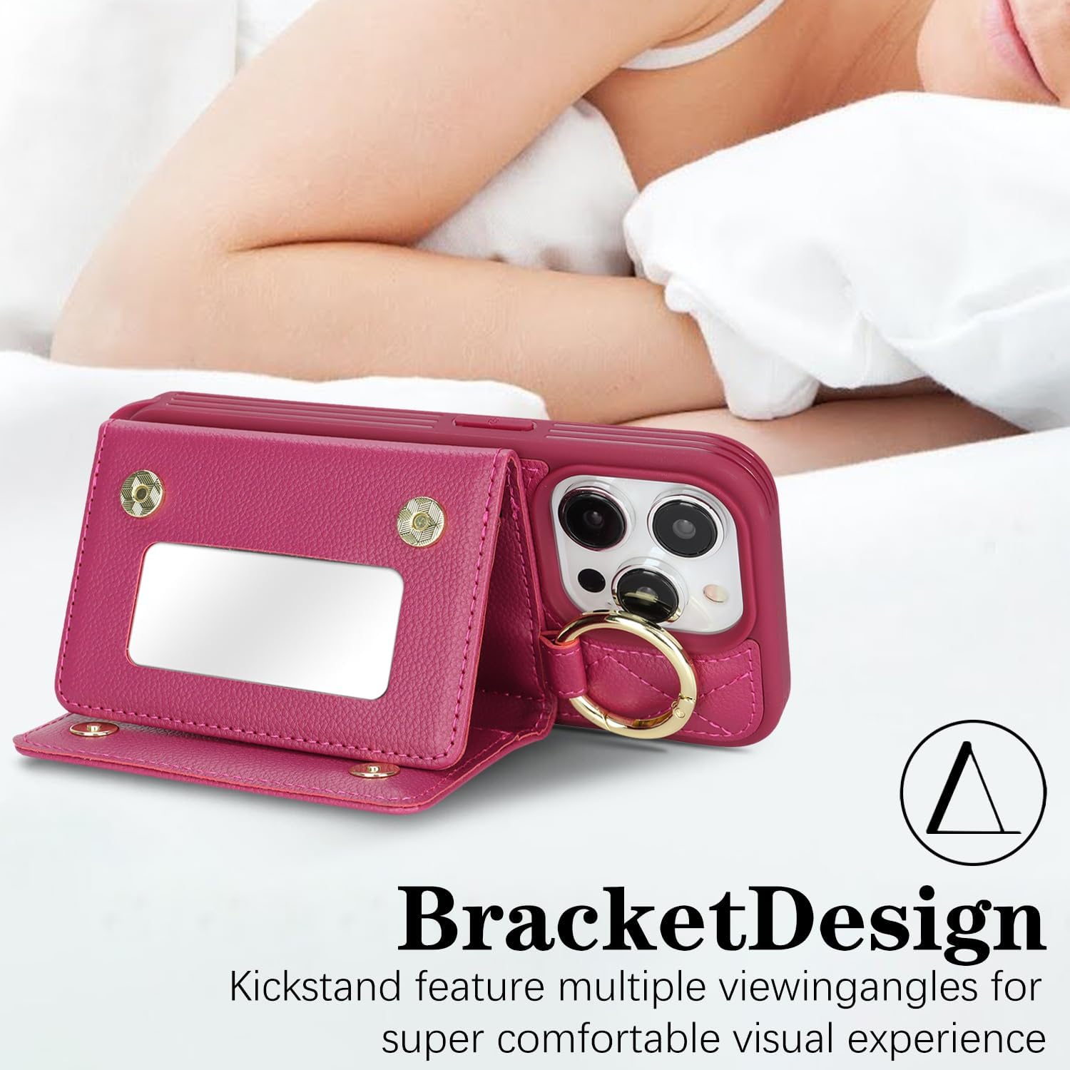 for iPhone 15 Pro Case with Card Holder and Strap for Women,Crossbody Lanyard, Make Up Mirror,Ring Stand,Snap Clasp,Cute Phone Wallet Cases 6.1 inch - Rose red