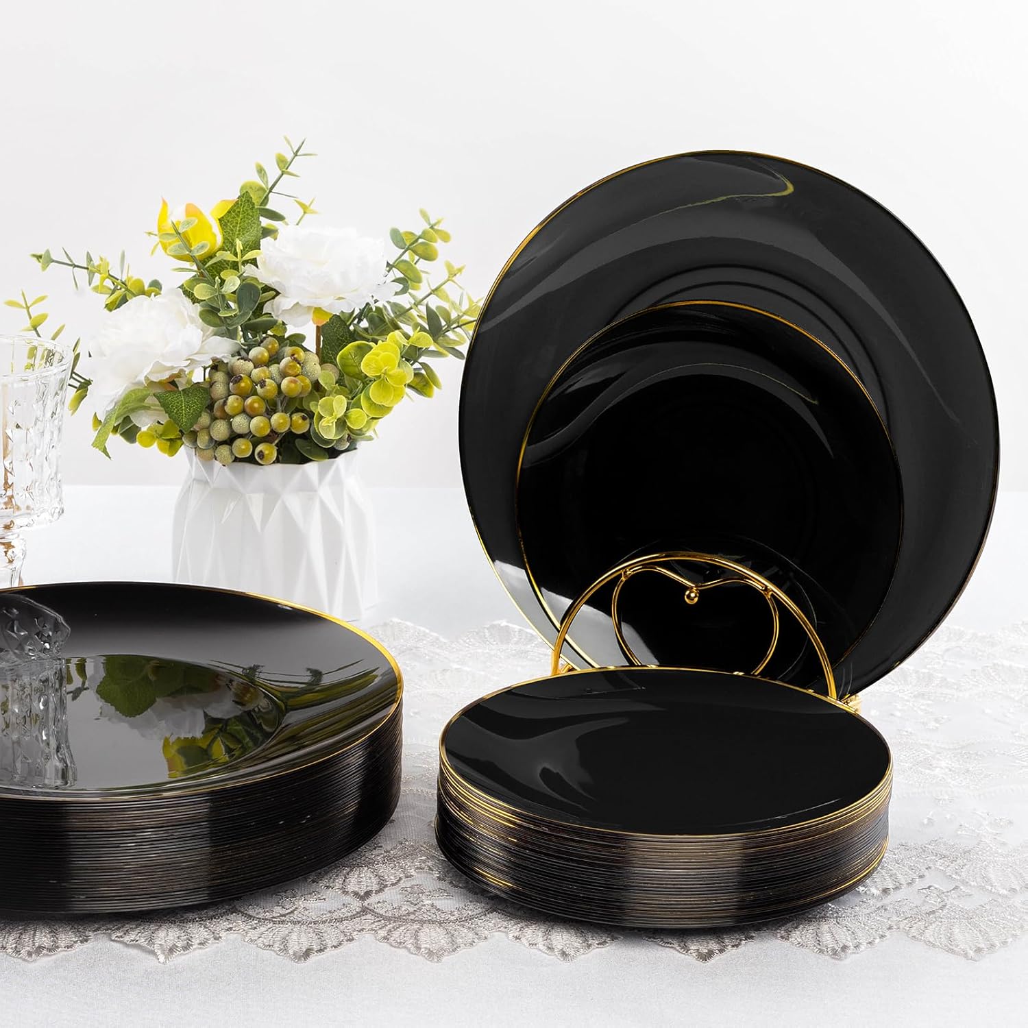 100PCS Black Plastic Plates with Gold Rim, Black Gold Disposable Plates for Party, Graduation and Wedding, Include 50 Dinner Plates, 50 Dessert Plates for 50 Guests - Image 6