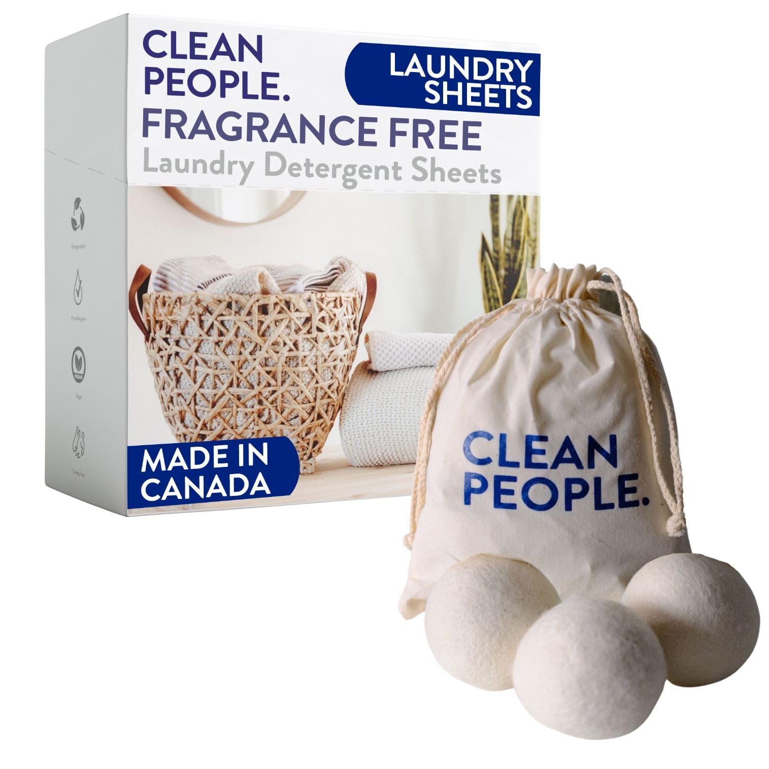 Clean People Ultra Concentrated Laundry Detergent Strips Fragrance Free & 100% New Zealand Wool Dryer Balls - 3 Pack - Plant-Based, Eco Friendly Laundry Detergent 32ct & Dryer Balls 3 Pack