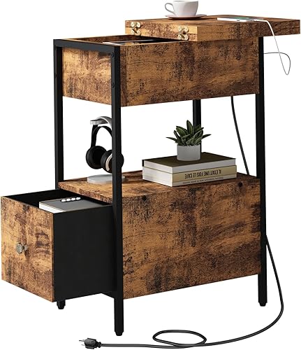 Miniatura 8 de Mesa auxiliar con estación de carga, mesa auxiliar estrecha con armario abatible y cajón de tela, mesitas de noche para espacios pequeños,