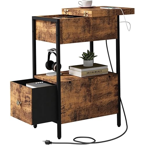 SOOWERY End Table with Charging Station, Narrow Side Table with Flip Top Cabinet and Fabric Drawer, Nightstand Bedside Tables for Small Spaces, Bedroom, Living Room, Rustic Brown