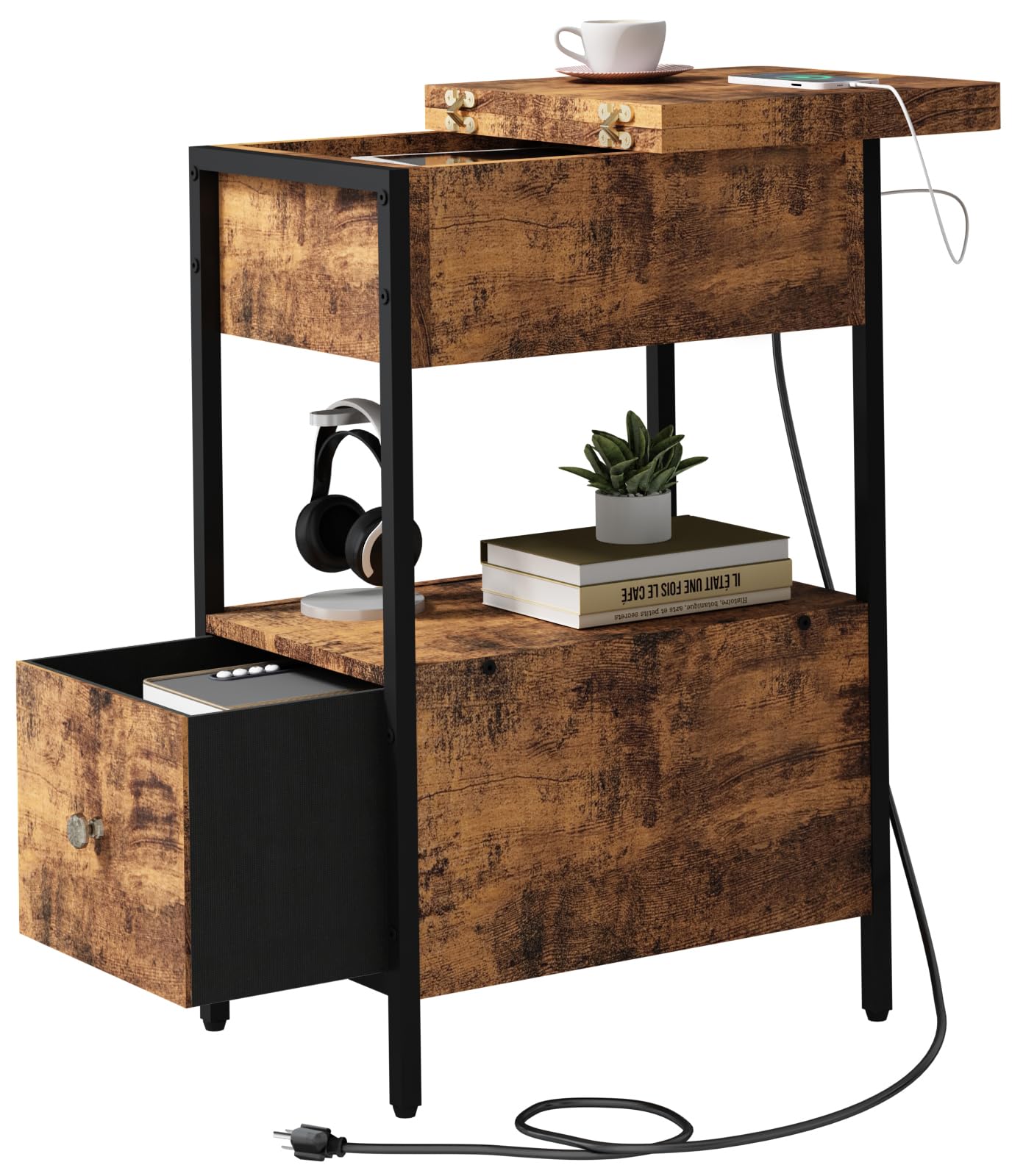 SOOWERY End Table with Charging Station, Narrow Side Table with Flip Top Cabinet and Fabric Drawer, Nightstand Bedside Tables for Small Spaces, Bedroom, Living Room, Rustic Brown