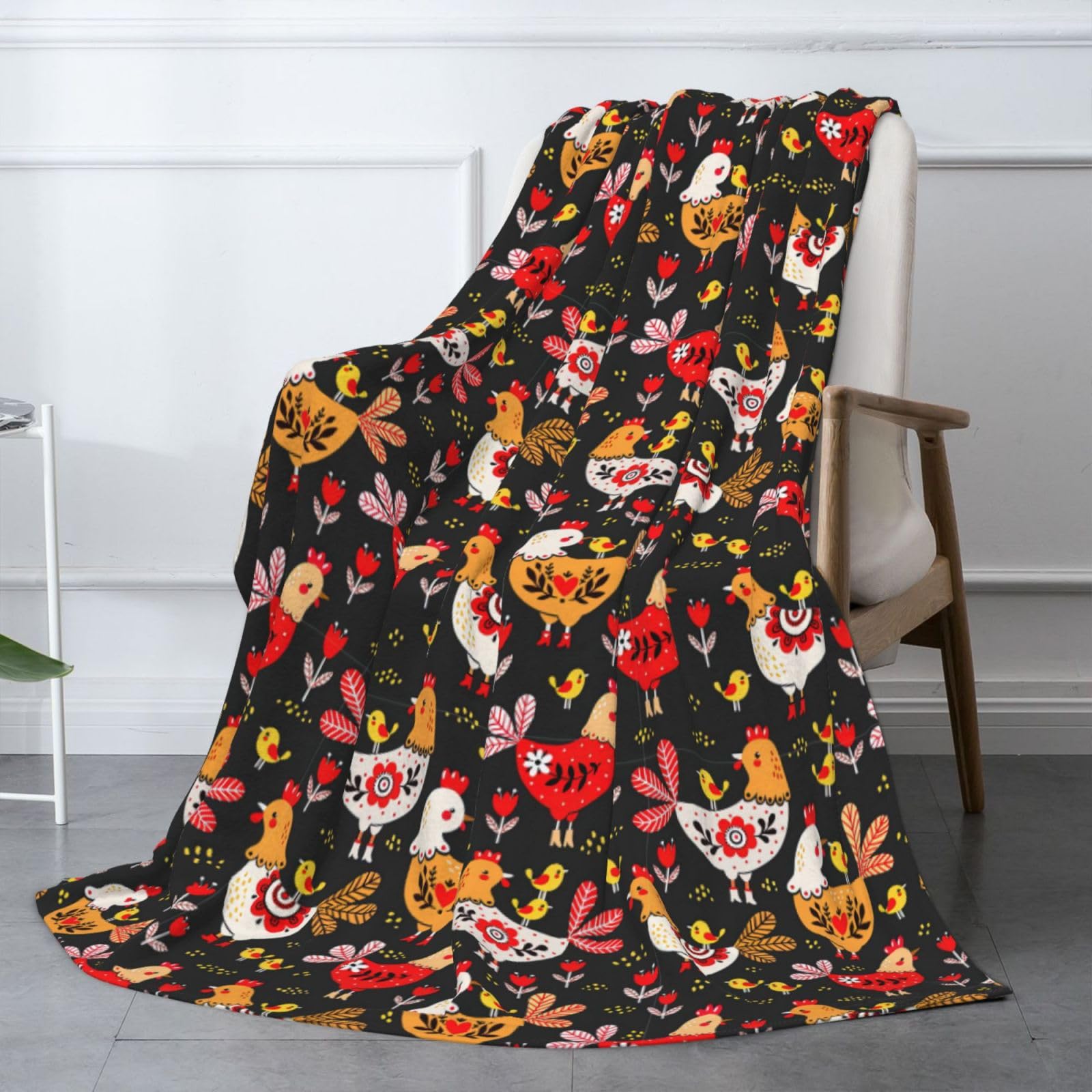 Couverture en flanelle avec imprimé coq et poules - 177,8 x 203,2 cm - Confortable et chaude - Pour l'hiver - Pour camping ou voyage
