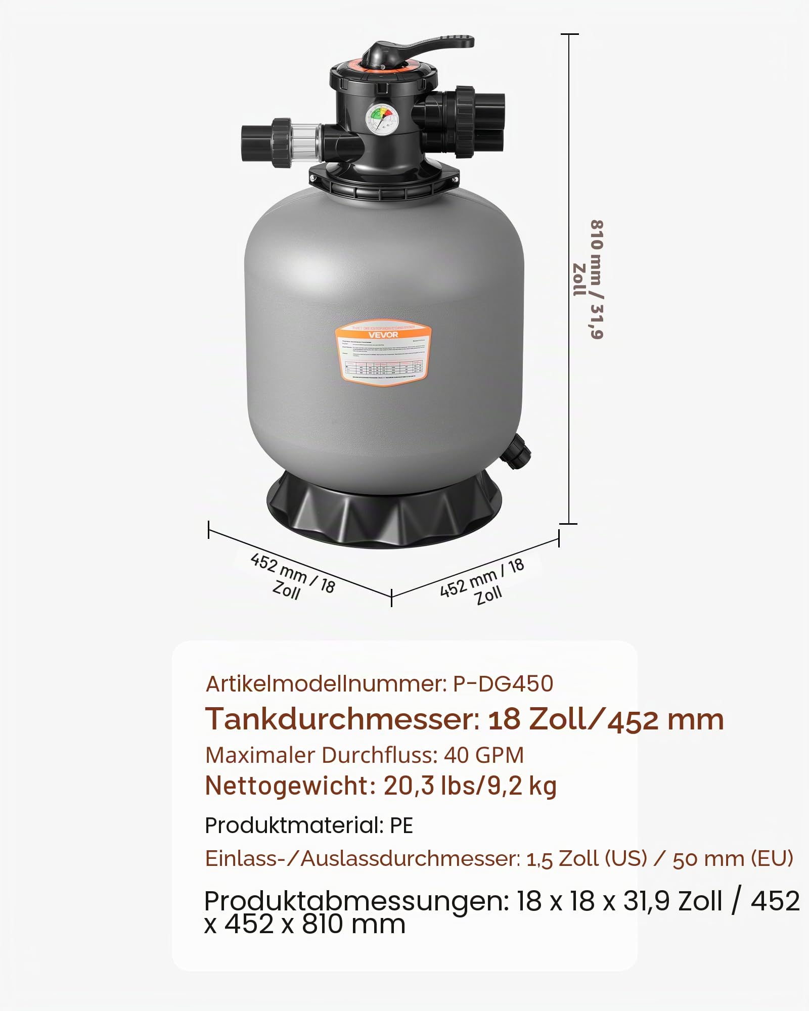 VEVOR Sandfilter, 450 mm Filterkessel, 151 L/min Sandfiltersystem, Filterbehälter mit 7-Wege-Mehrwegeventil, Rückspül-, Spül-, Umwälz-, Abwasser-, Winter- & Geschlossenmodus, für Aufstellpools