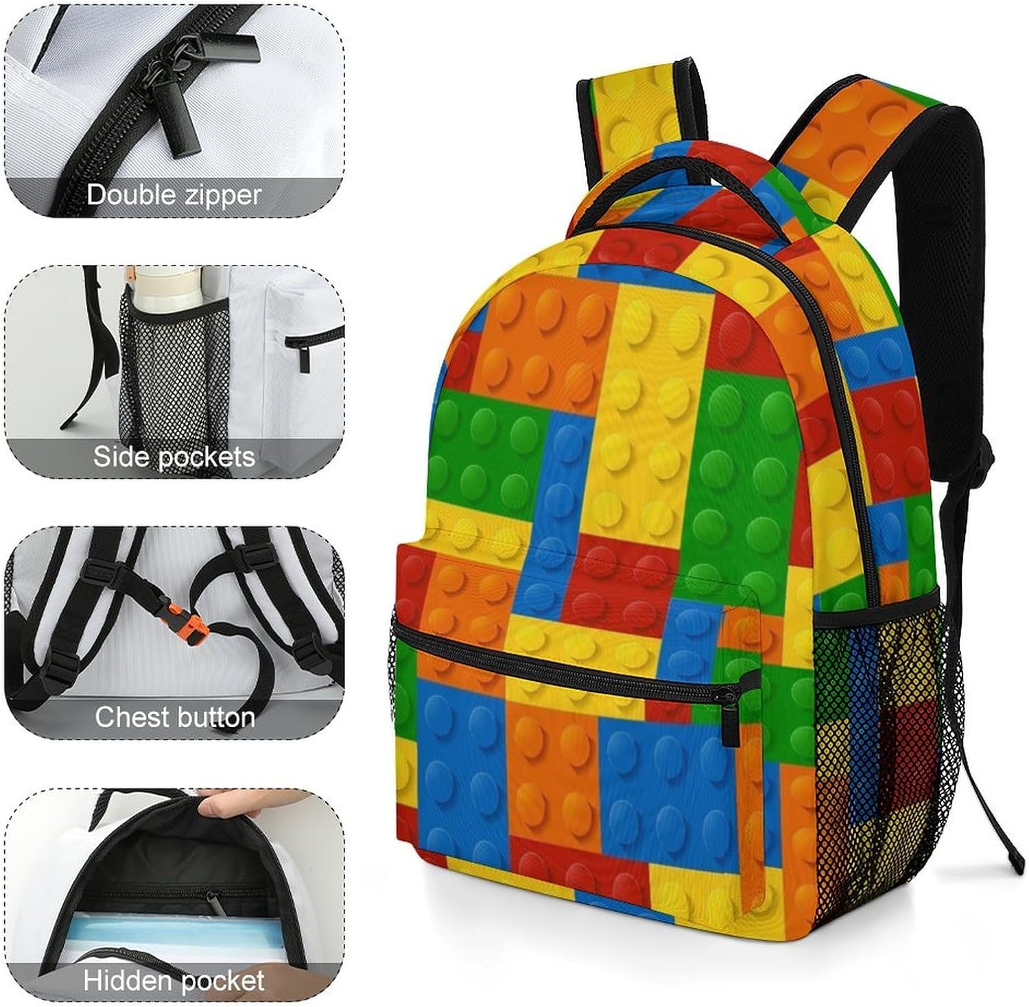 Kids Colorful Building Blocks Bricks Backpack Multifunctional Casual Daypack For College School Bookbag Travel Outwork