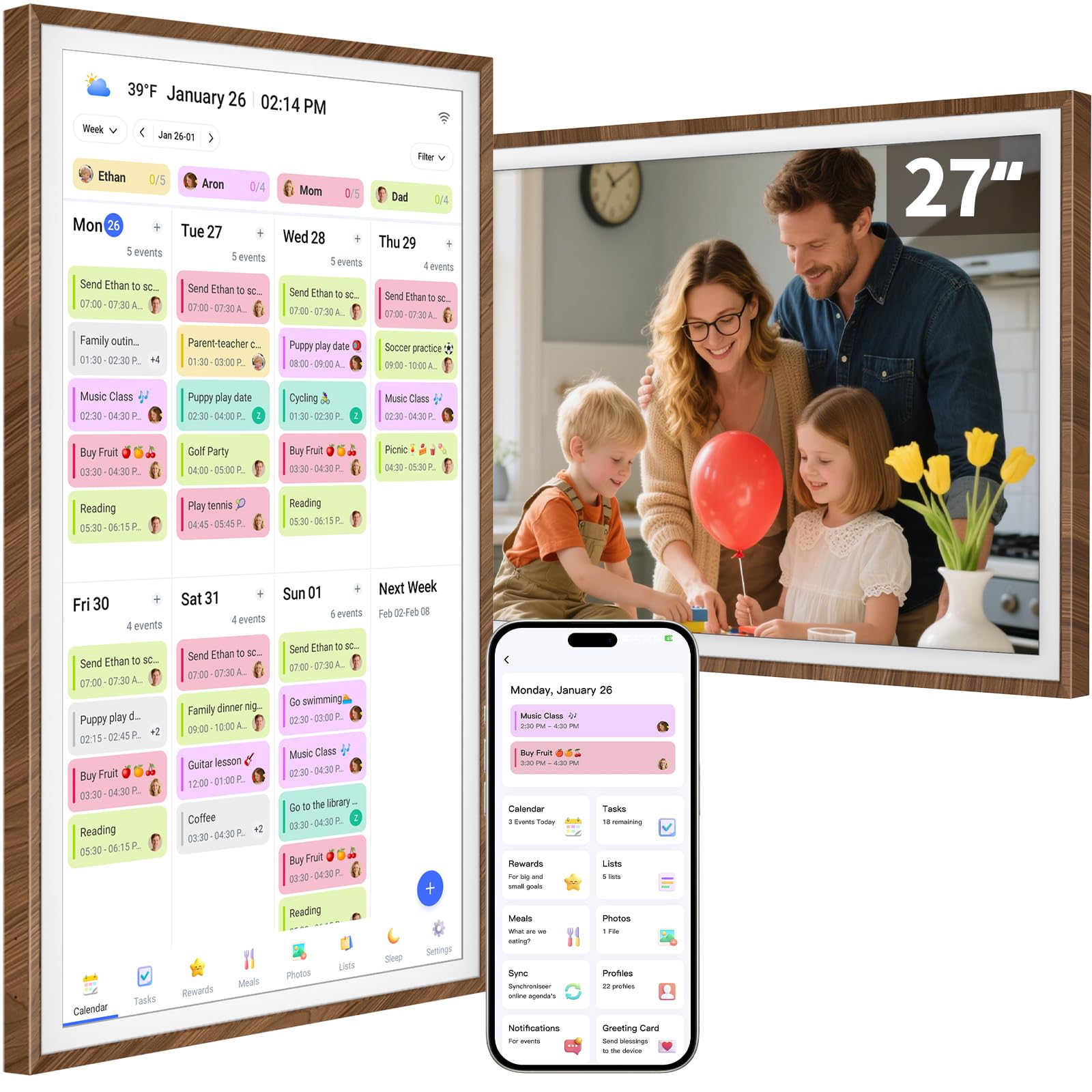 27 Inch Digital Calendar Chore Chart with Touchscreen - Full HD Interactive Display, Wall &amp; Desk Mountable Family Planner, to-Do List &amp; Meal Planner, Digital Picture Frame Gifts for Women Mom
