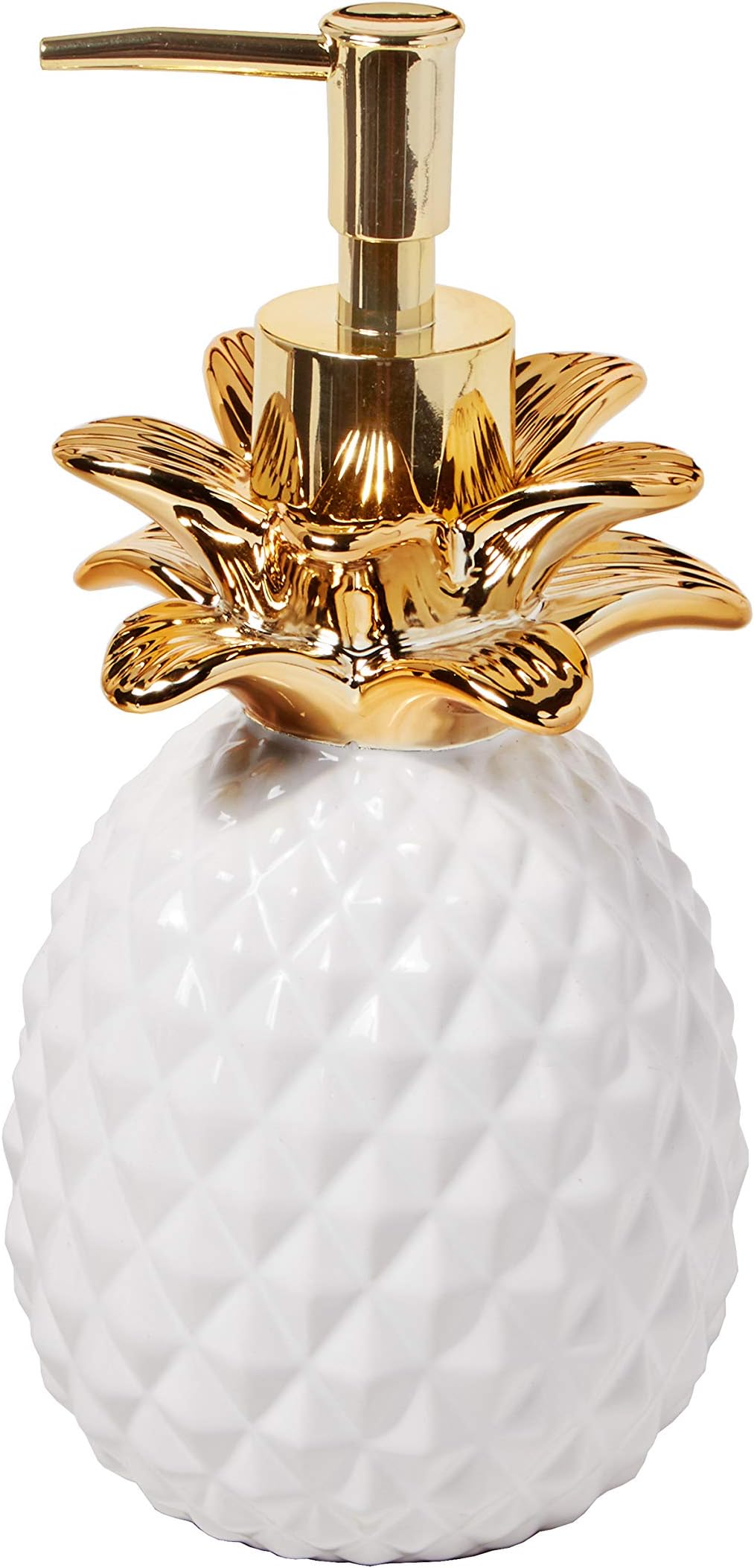 Gilded Pineapple Ceramic Soap/Lotion Dispenser, 14 Oz. Capacity, Tropical/Coastal/Resort, for Bath/Kitchen/Bar & Gift, White/Gold