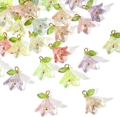 32Pcs Acrylic Lily Flower Charms 8 Colors Transparent Lily of The Valley Bell Flower Pendants with Shell Pearl Beads Floral Dangle Charms for Jewelry Making Earrings Necklaces Keychains