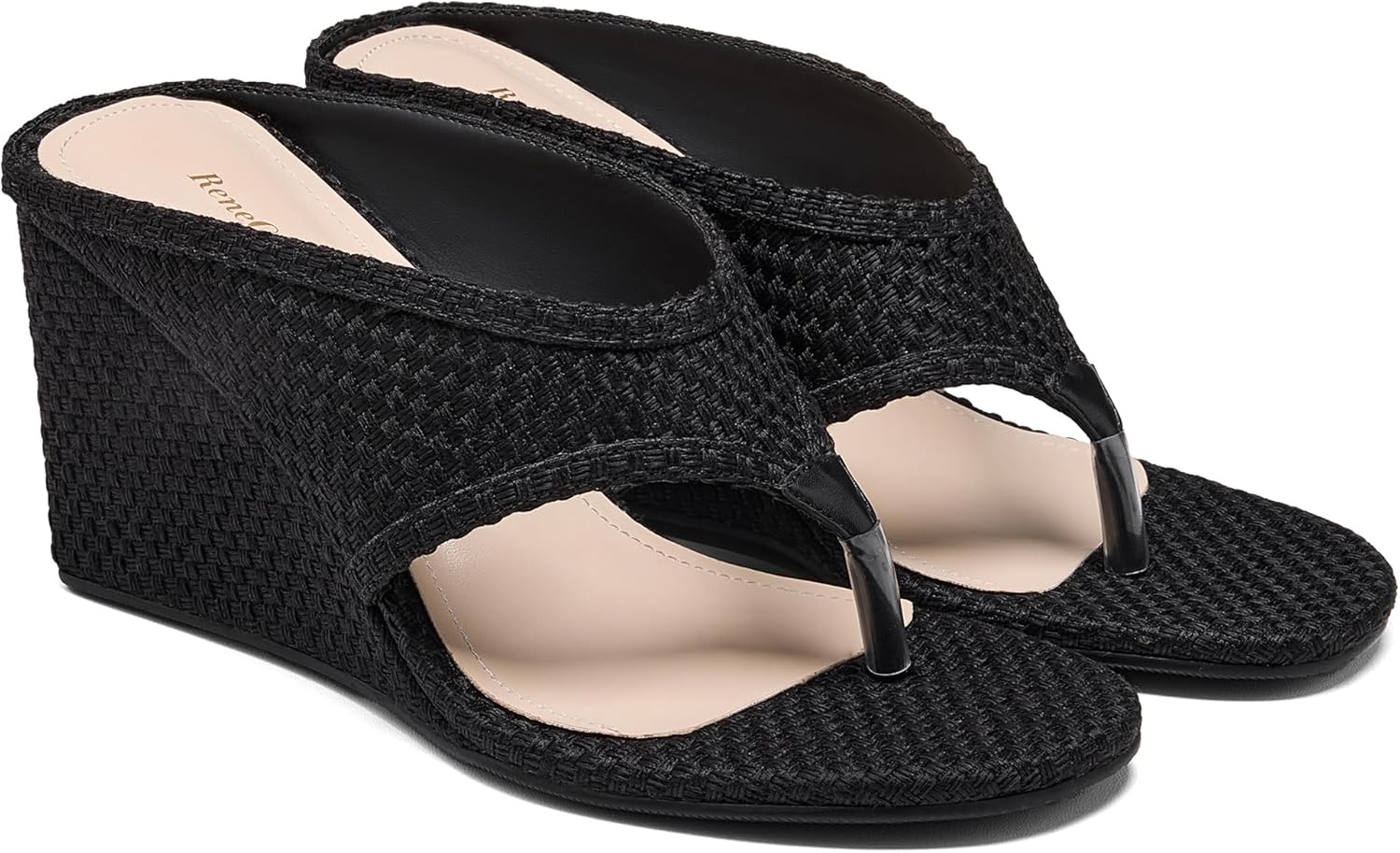 Women's Wedges Heeled Slippers Nude High Heels Slip on Comfy Evening Dress Flip-Flops Sandals Round Toe Shoes for Women 3.2" Heels - Image 3