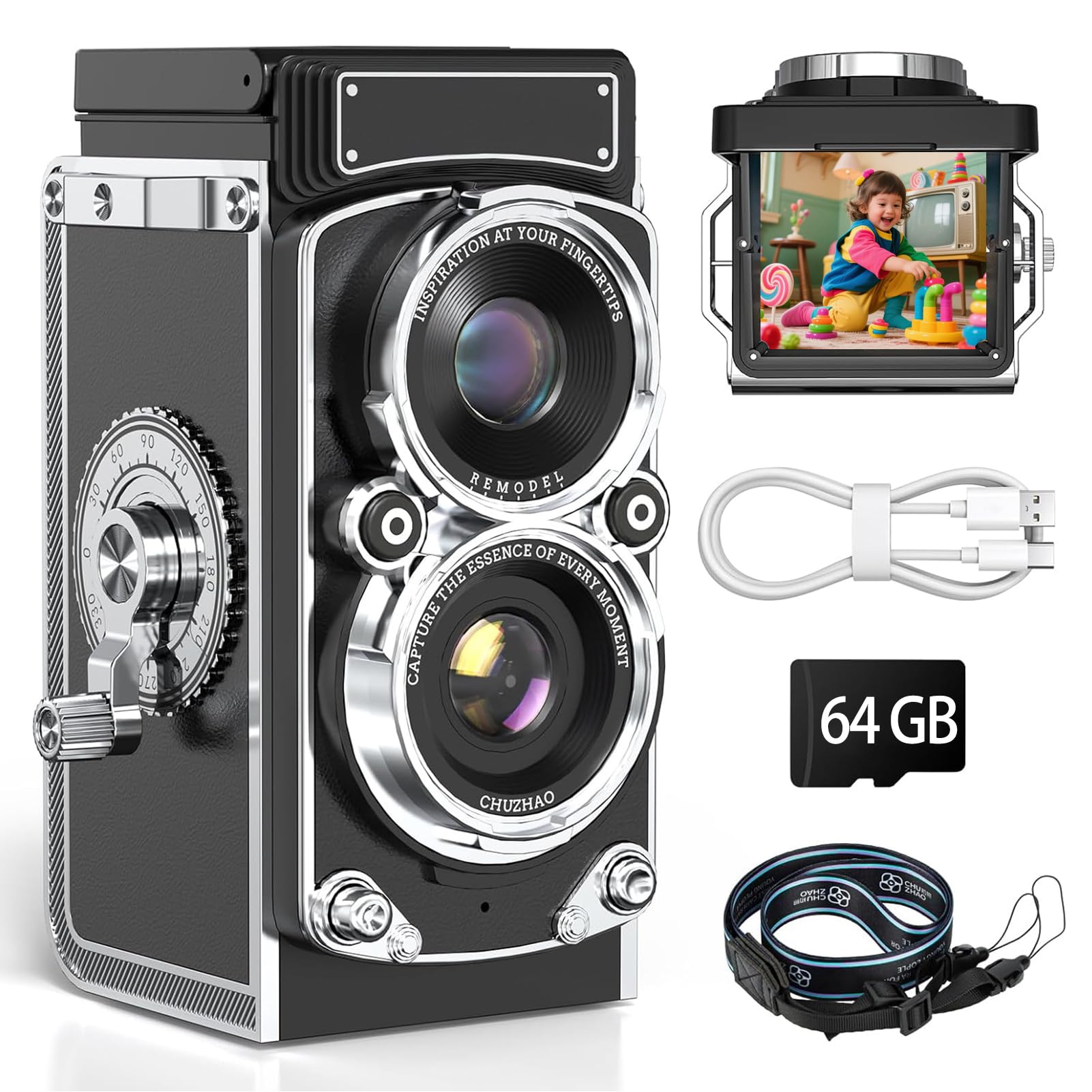 Cámara Digital Vintage, 12MP 1080p TLR Style Mini Vintage Camera con Enfoque Automático y Filtros Retro para la Fotografía de Vlogging (64GB)