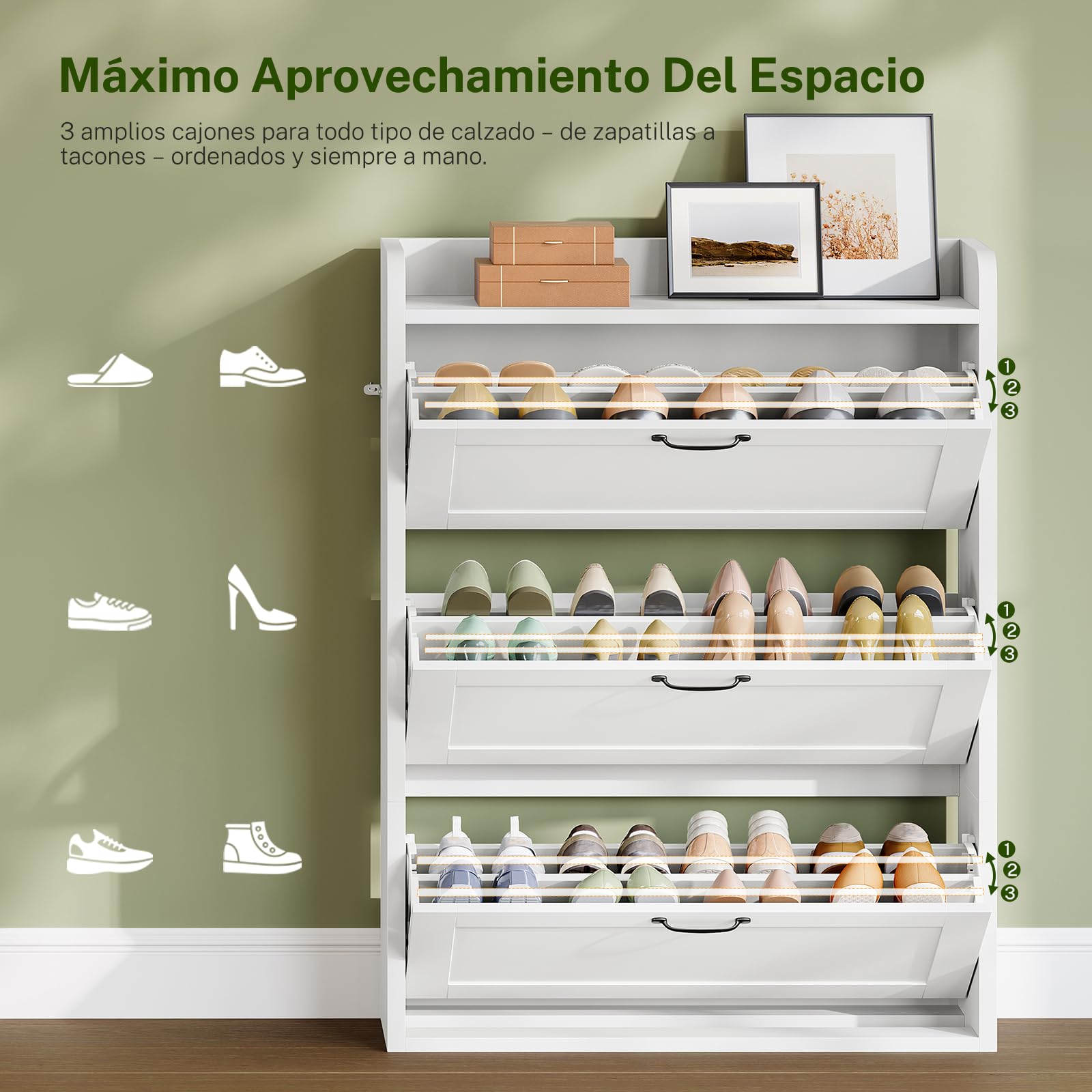 TEENFON Mueble Zapatero Recibidor Estrecho – 80 cm de Ancho, Armario Zapatero con 3 Solapas y Estantes Ajustables, para 18–24 Pares de Zapatos, Apto para Pasillo, Recibidor, Dormitorio, Blanco