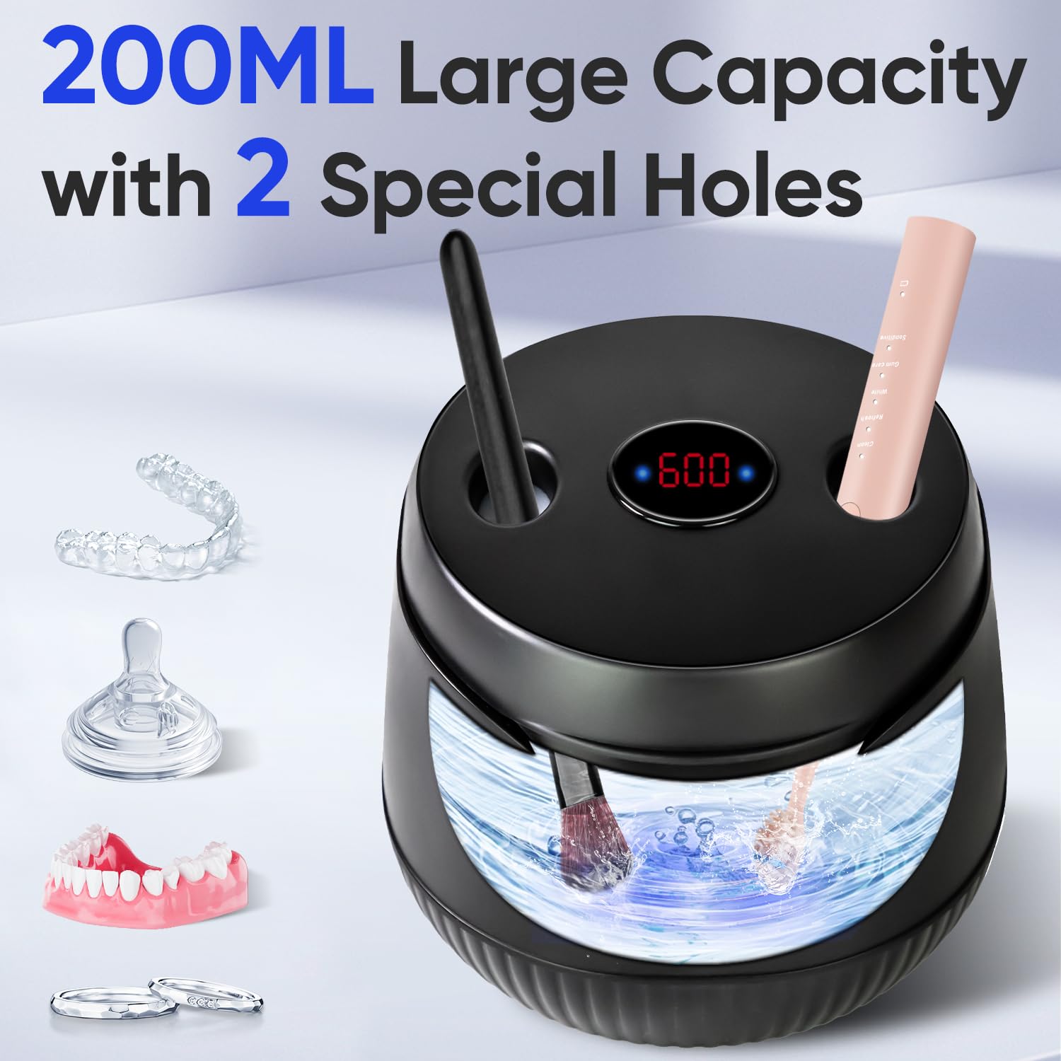 MySmile Pulitore ad Ultrasuoni 45 KHz, Capacità 200ML - Allineatori, Protettori Buccali, Apparecchi Ortodontici, Capsula Portatile di Pulizia Dentale con 2 Modalità e Timer Digitale (nero)