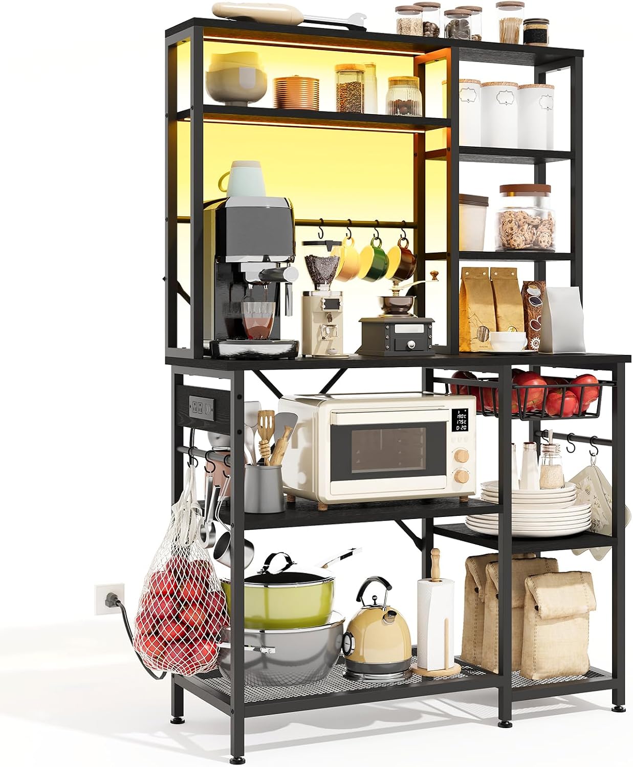 SUPERLELE 4-Tier Bakers Rack, Coffee Bar Table with Cup Hooks, Rustic Brown Kitchen Storage Shelf Microwave Stand, Reinforced Industrial Standing Rack for Home Kitchen, 23.6 x 13 x 49.2 Inches