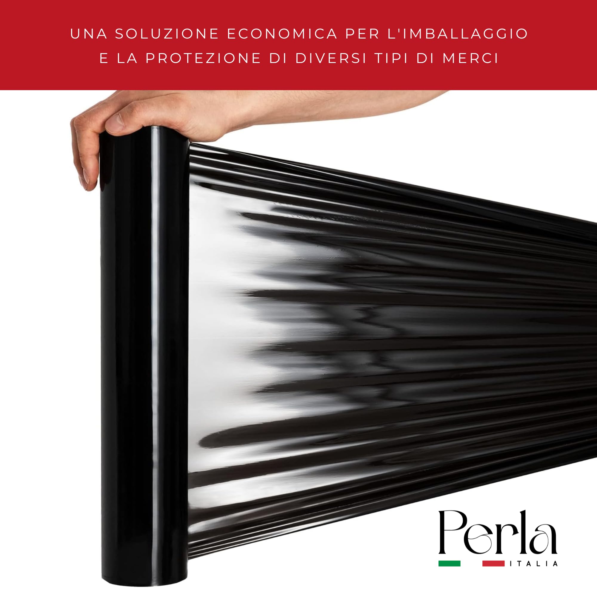 Perla, 6 Rotoli Film Estensibile Imballaggio, Pellicola Nera per Imballaggio, Bobina peso 2,4 Kg, Altezza 50 Cm Spessore 23mycron, Rotolo Pellicola Multiuso Extra Resistente per Spedizioni e Trasloco