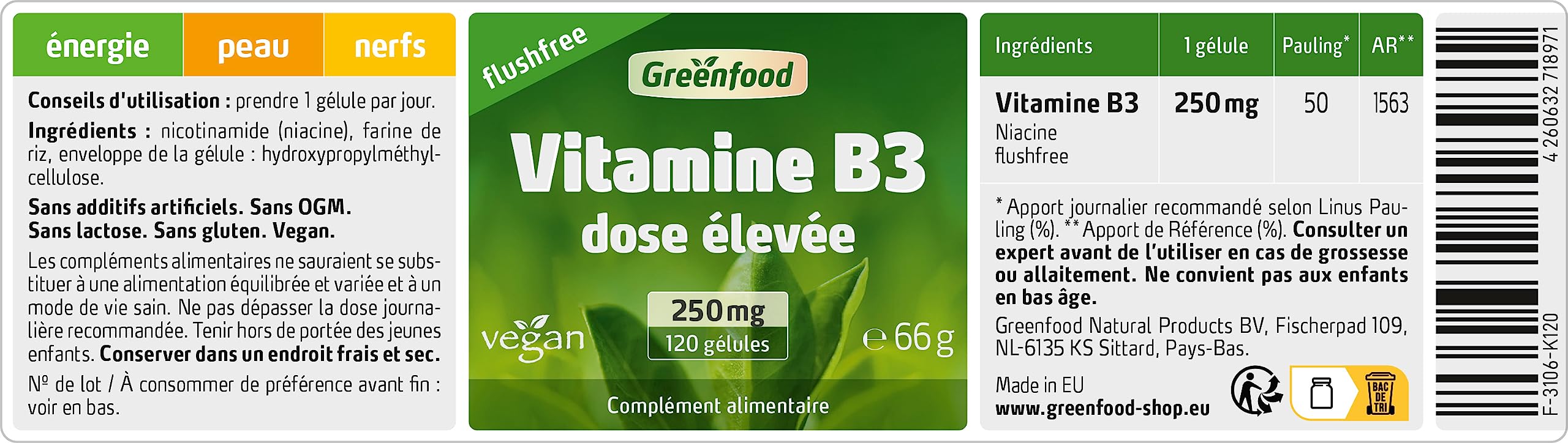 Greenfood La Vitamine B3, Sans chasse d'eau, 250 mg, dose élevée, 120 gélules - à réduire la fatigue. Sans additifs artificiels. Sans génie génétique. Vegan.