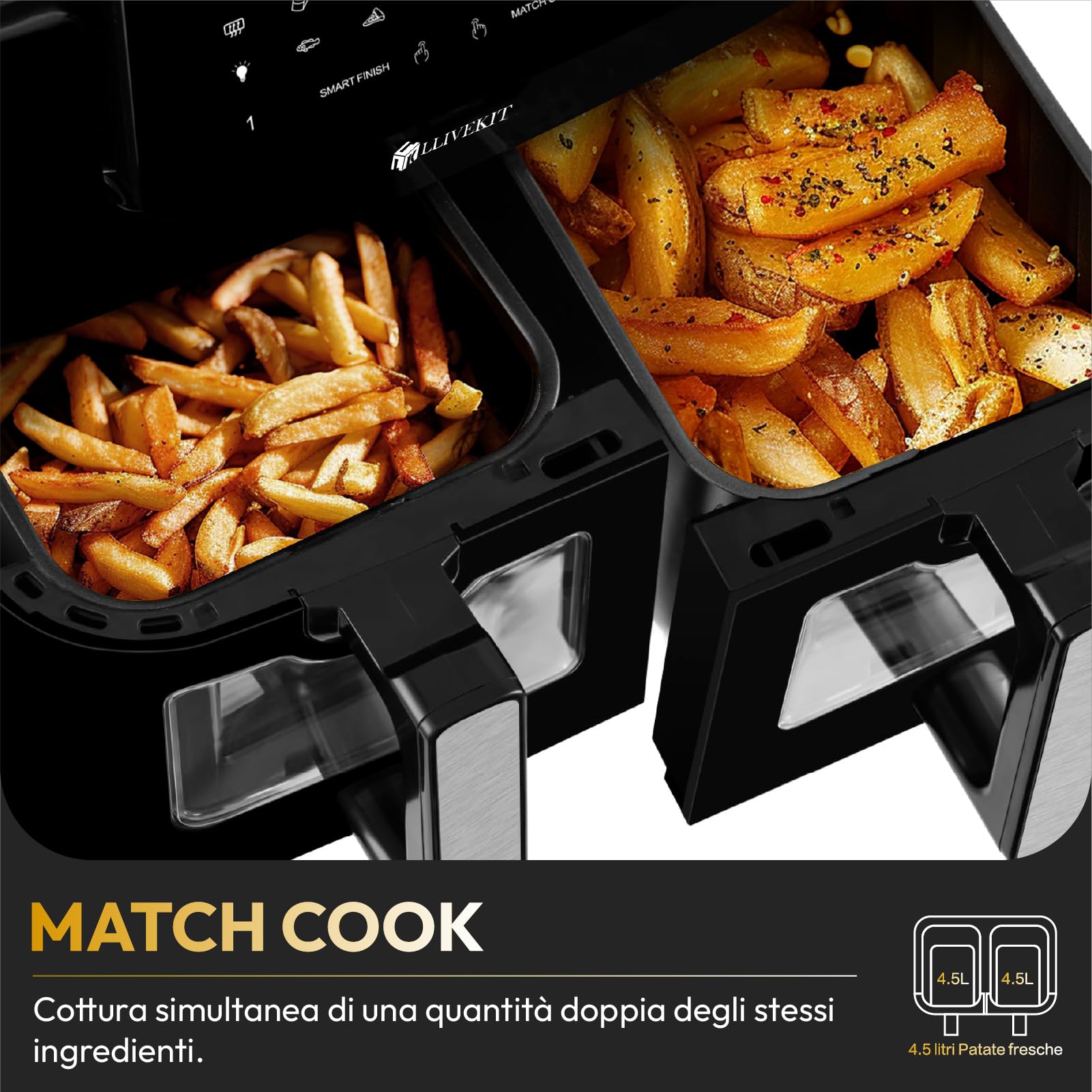 LLIVEKIT Friggitrice ad Aria a 2 Cestelli, Air Fryer da 9L, Friggitrice senza Olio con Display LED, Finestre Visibili, 10 Funzioni, Cottura e Finitura Sincronizzate, da 50-200oC, 2400W, Nero