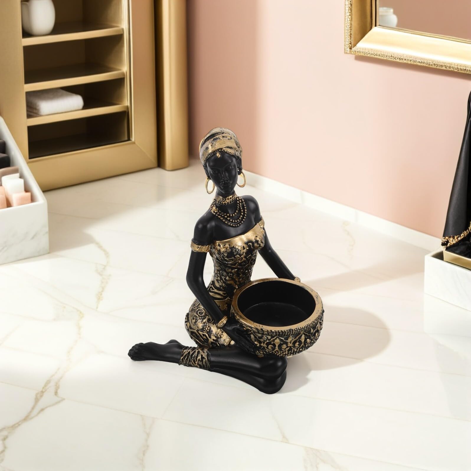 Organizador de Joyas Bandeja Decorativa con Figura Africana Femenina Resina Soporte para Anillos y Collares para Exhibición y Decoración de Mesa el Hogar