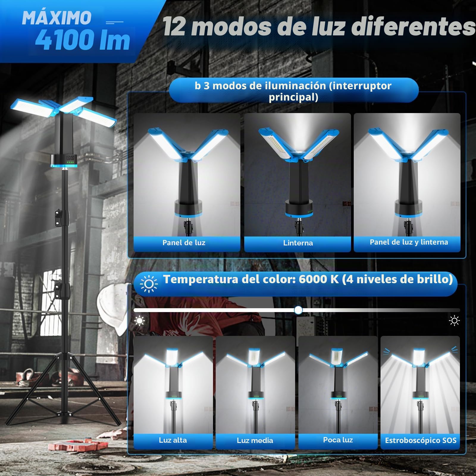 T-SUN Foco Bateria Recargable LED con Ajustable Tripode Portatil, 10400 mAh Foco de Trabajo 6000K 4 Modos Luz de Trabajo con USB/Tipo C & Bolsa de Transporte para construcción Garaje Taller Campings