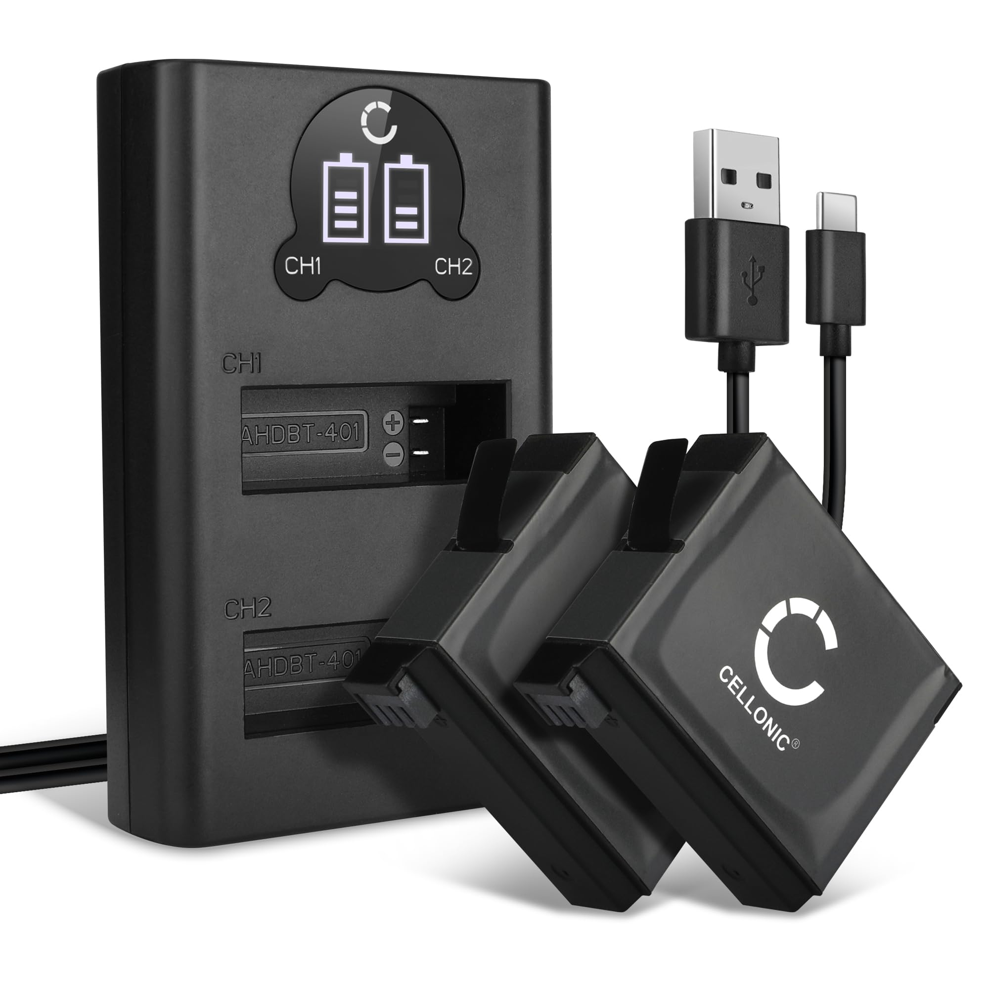CELLONIC 2x Batteria per Fotocamera Compatibile con GoPro Hero 4, Hero 4 Black, Hero 4 Silver, 335-06532-000 – (1160mAh, 3.8V) + Caricabatterie Doppio