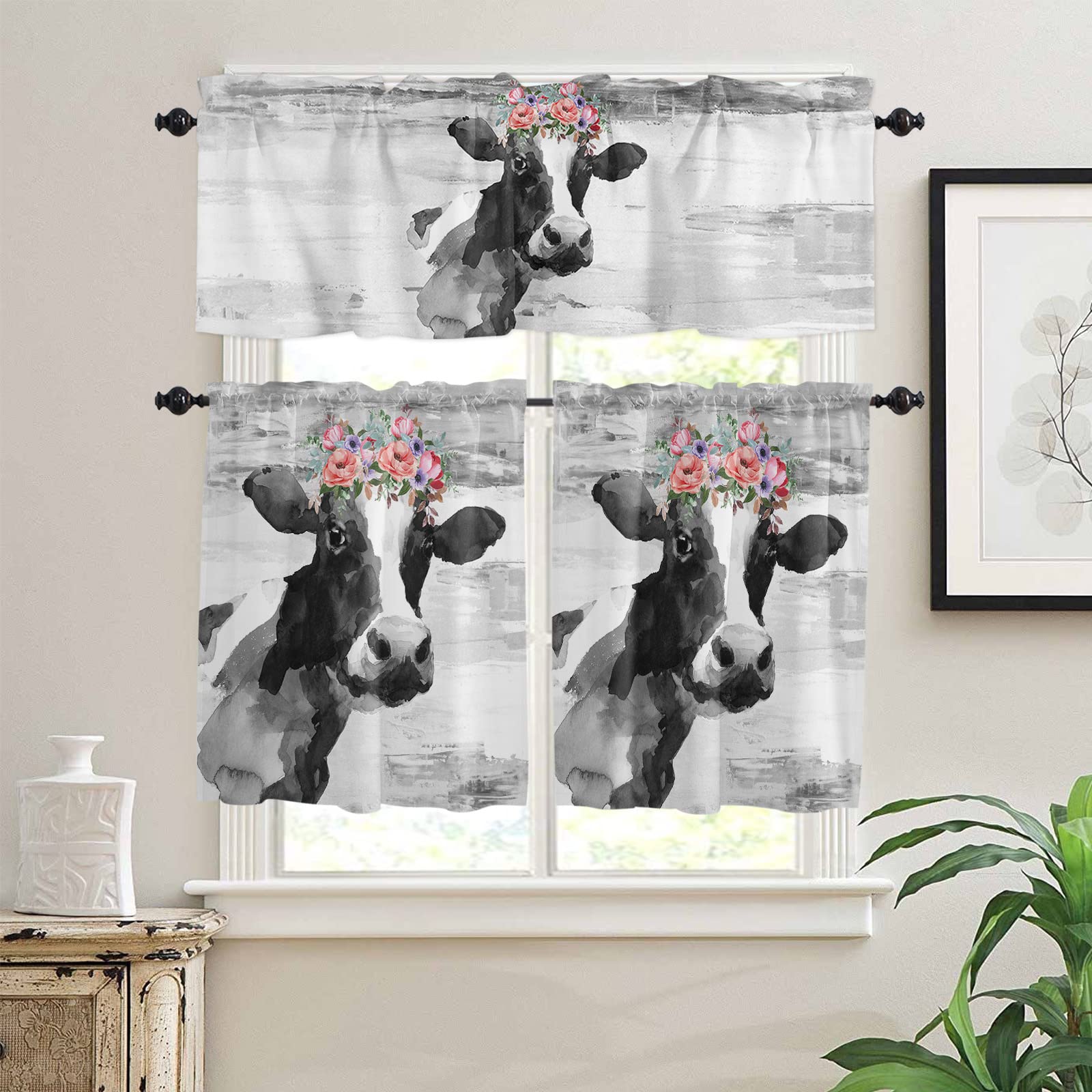 Kitchen Curtains Set, Rustic Oil Painting Cow Kitchen Curtains and Valances Set, Farm Animal Gray Abstract Art Rod Pocket Tier Curtains 24 Inch Length for Cafe/Bedroom Windows