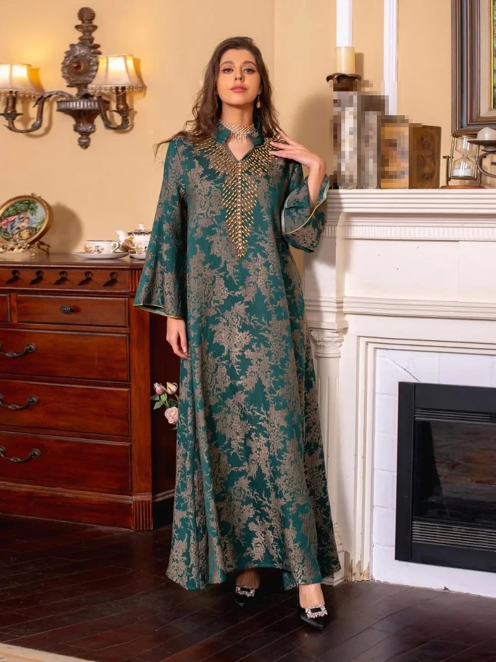 LIXINGHEITANG Dress for Women Abaya Beading Stand Collar Morocco Party Dresses Abayas Arab Long Robe