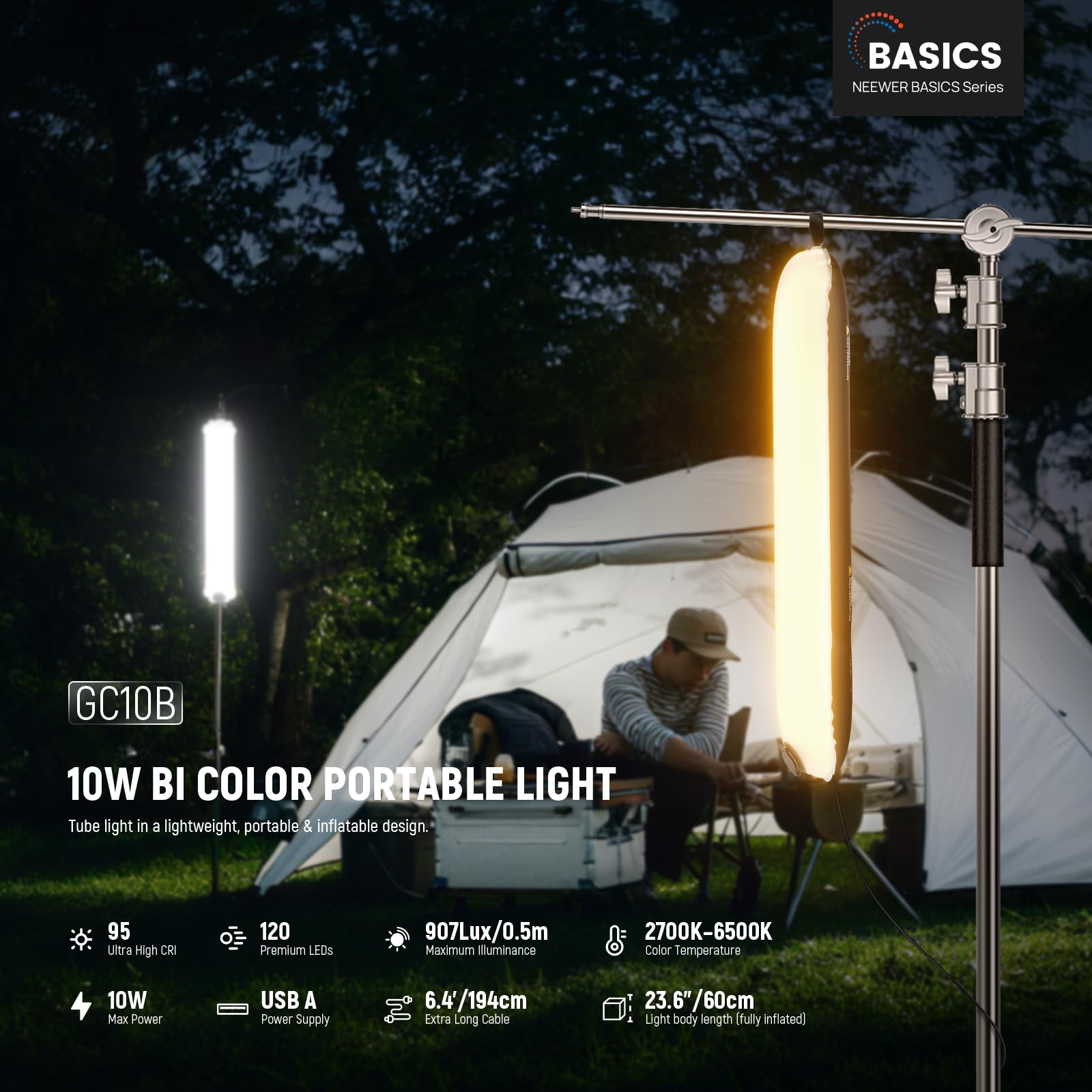 NEEWER BASICS 10W Luce di Riempimento LED Portatile da 60cm, Luci Tubo Gonfiabile Bicolore in TPU,2700K-5600K CRI95 Cavo 194cm Alimentata da USB A per Fotografia Studio Riprese Video Streaming, GC10B