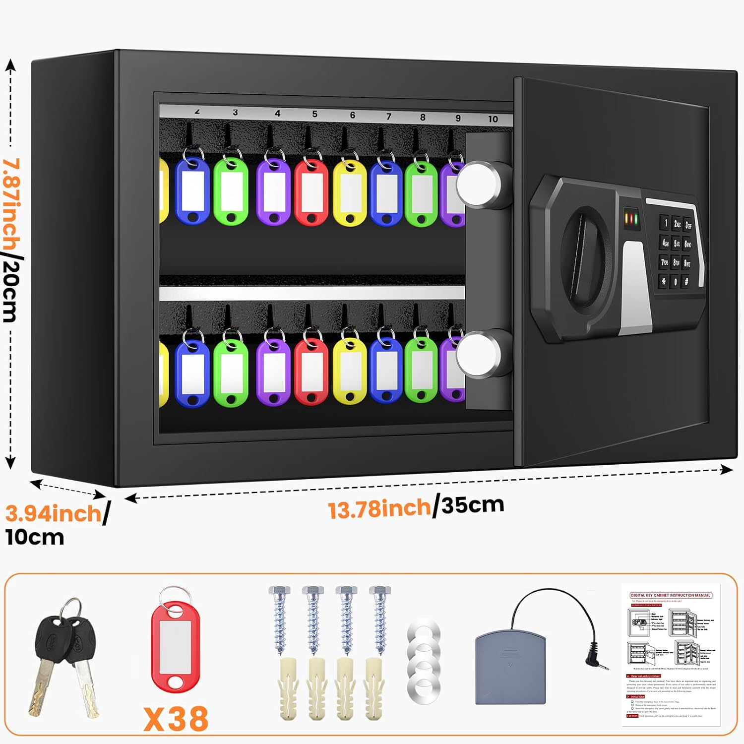 Nebakne 38 Keys Digital Key Lock Box Wall Mount with Alarm and Silent Mode, Anti-Theft Key Box Key Cabinet with Numbered Hooks and Tags, Key Organizer Key Safe for Home Office Garage Rental Business