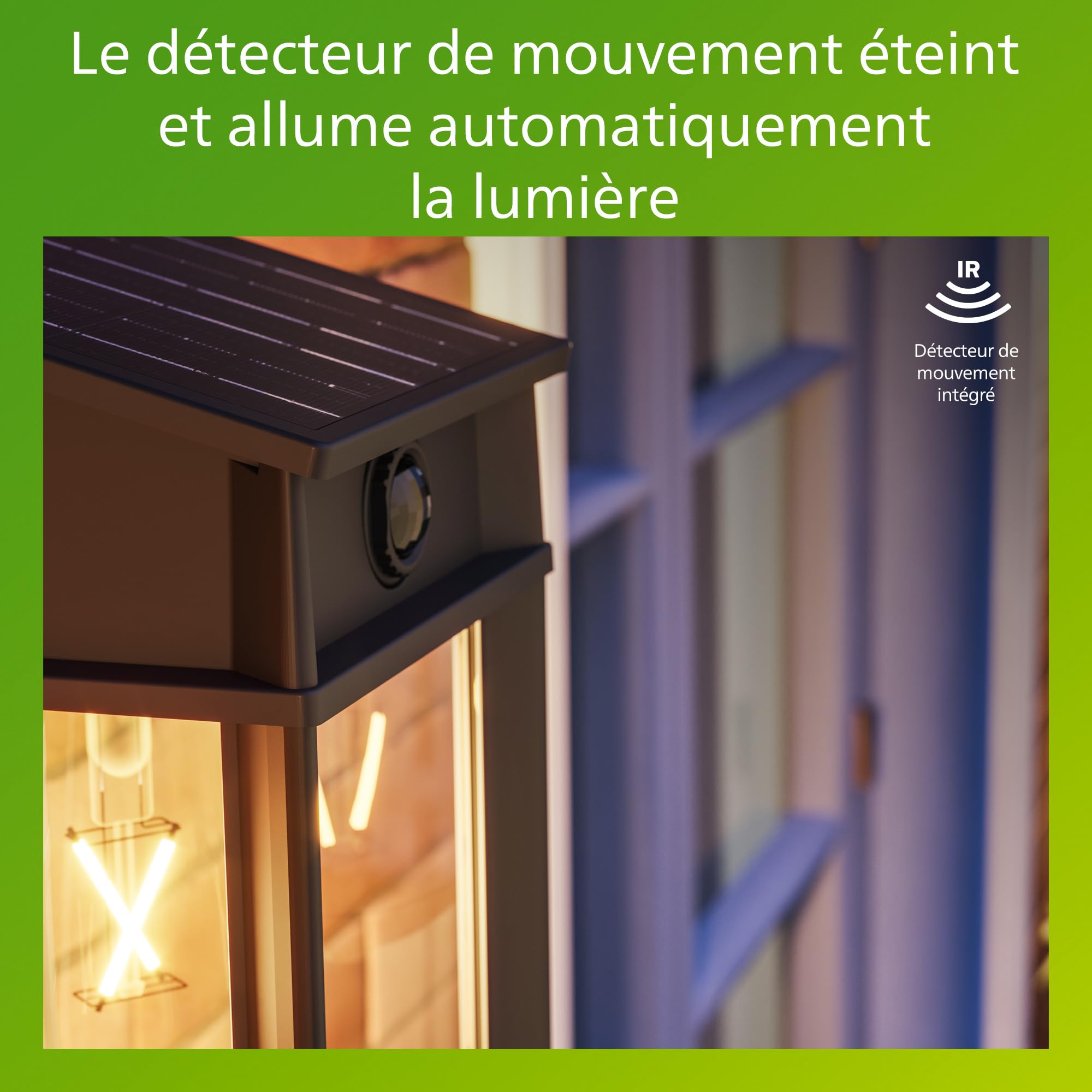Philips Geri Applique solaire murale UltraEfficient extérieur, Ampoule solaire remplaçable, Détecteur de mouvement, 2700K, Noir