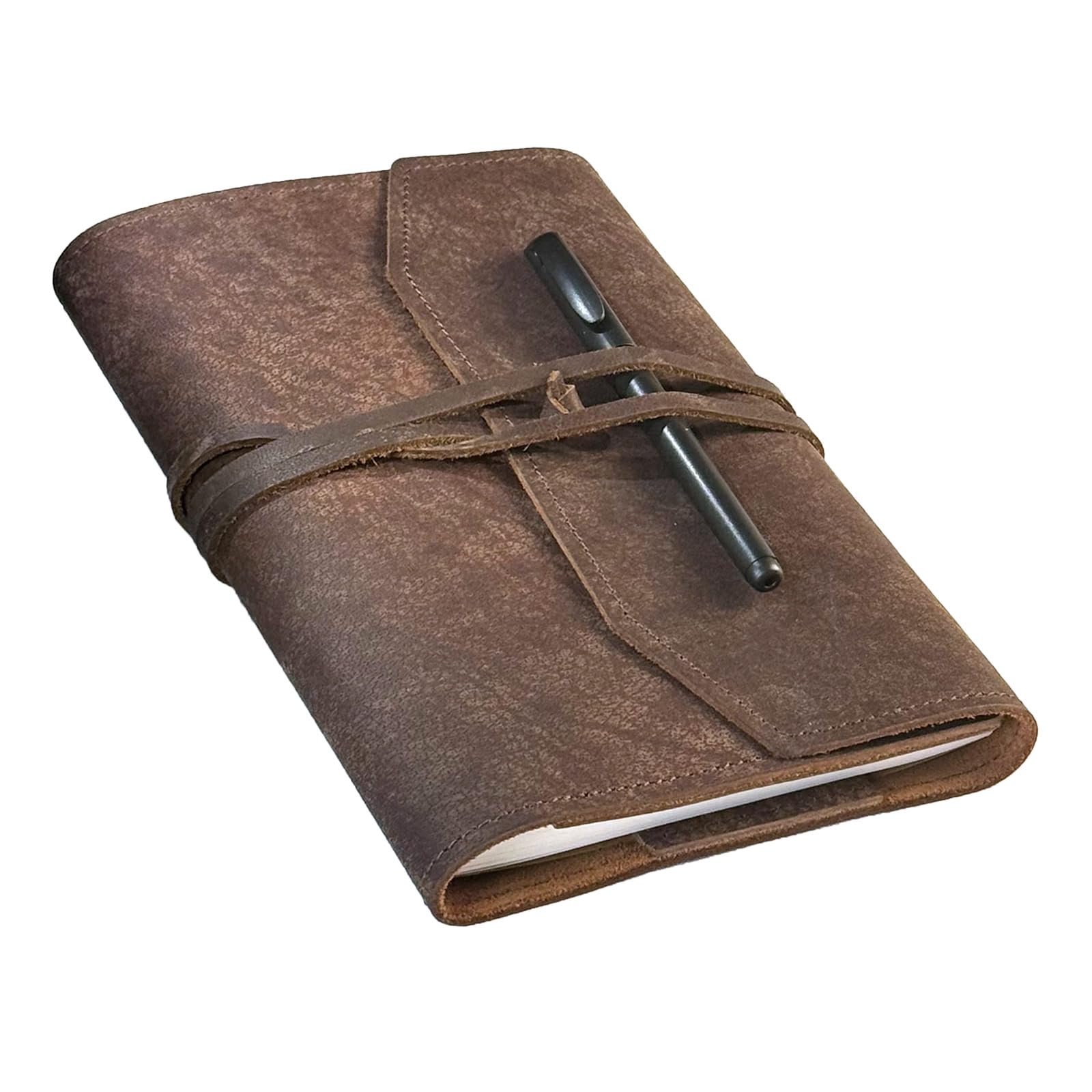 Handmade leather notebook with open pages on a white background