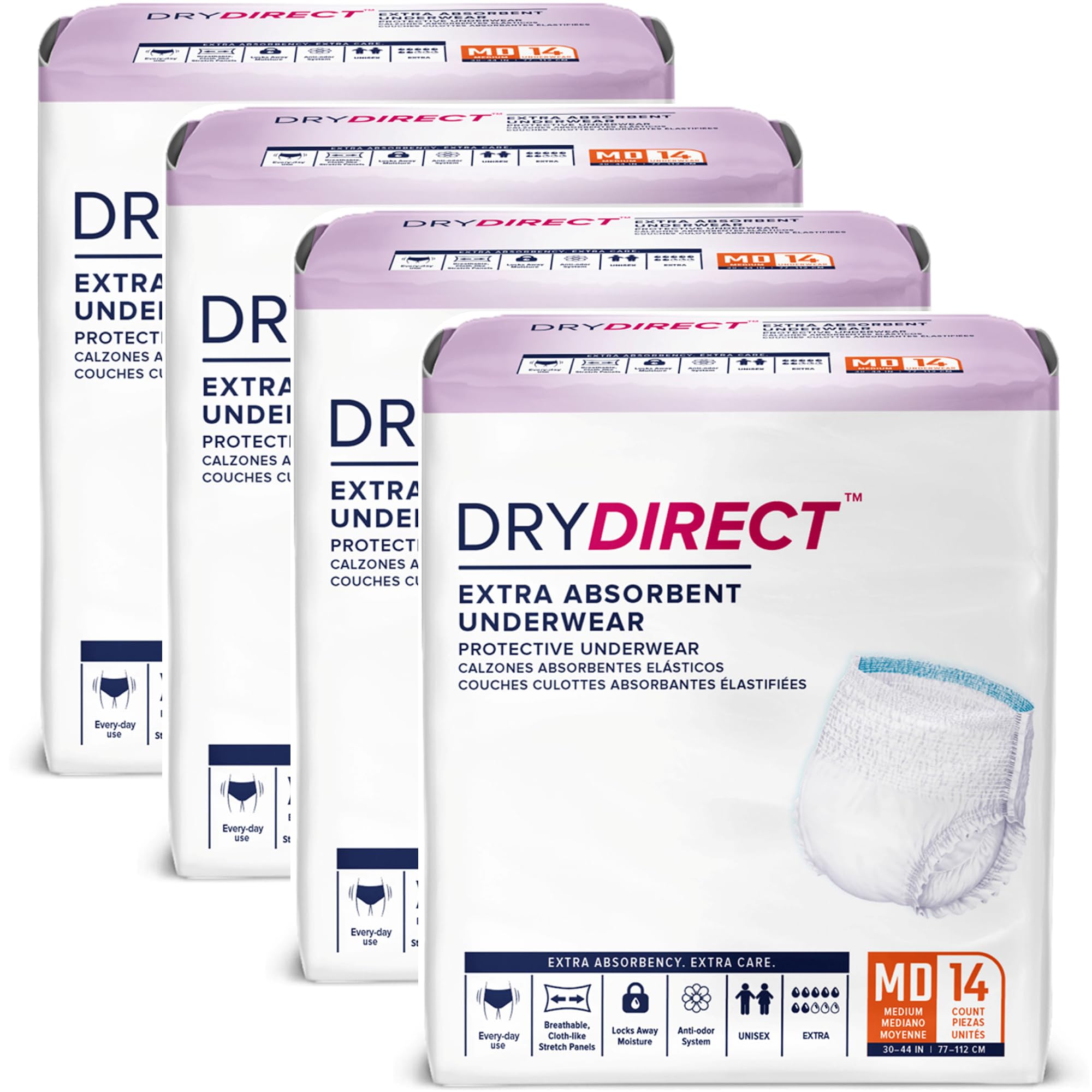 Dry Direct Extra Protective Underwear, Soft Cloth-Like Adult Diapers, All Day Disposable Incontinence Protection - Medium (Case of 56)