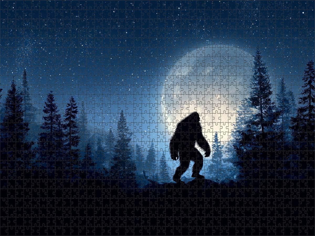 Bigfoot Walking in Forest Under Full Moon Digital Art Wooden Jigsaw Puzzle 500 Pieces for Adults Pine Trees Starry Sky Night Family Game Night Home Decor Gift for Men Women Mystery Lovers