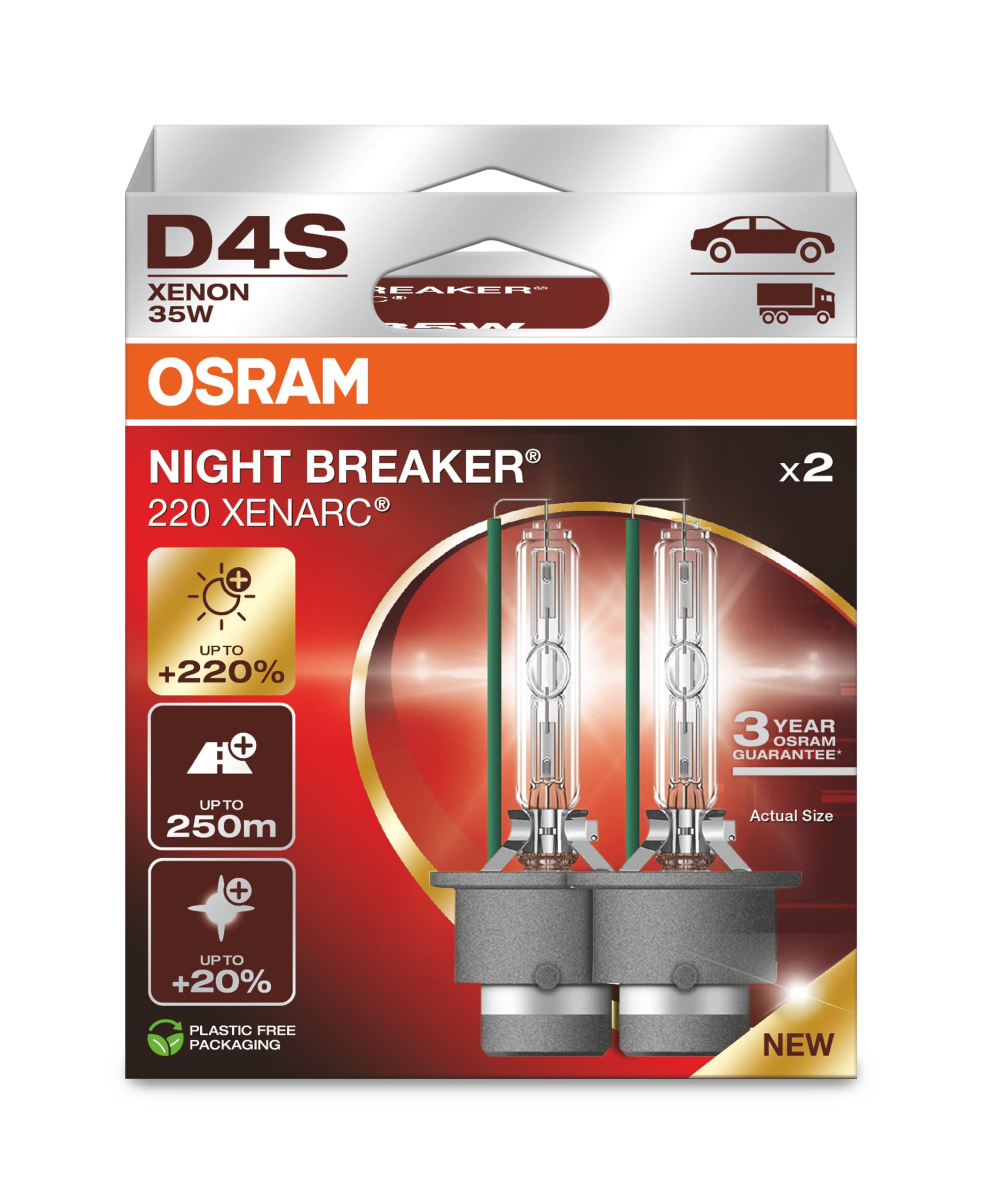 Xenarc Night Breaker 220, D4S, +220% More Brightness, Xenon Headlight Bulb, 66440XN2-2HB, Folding Box (2 Lamps)