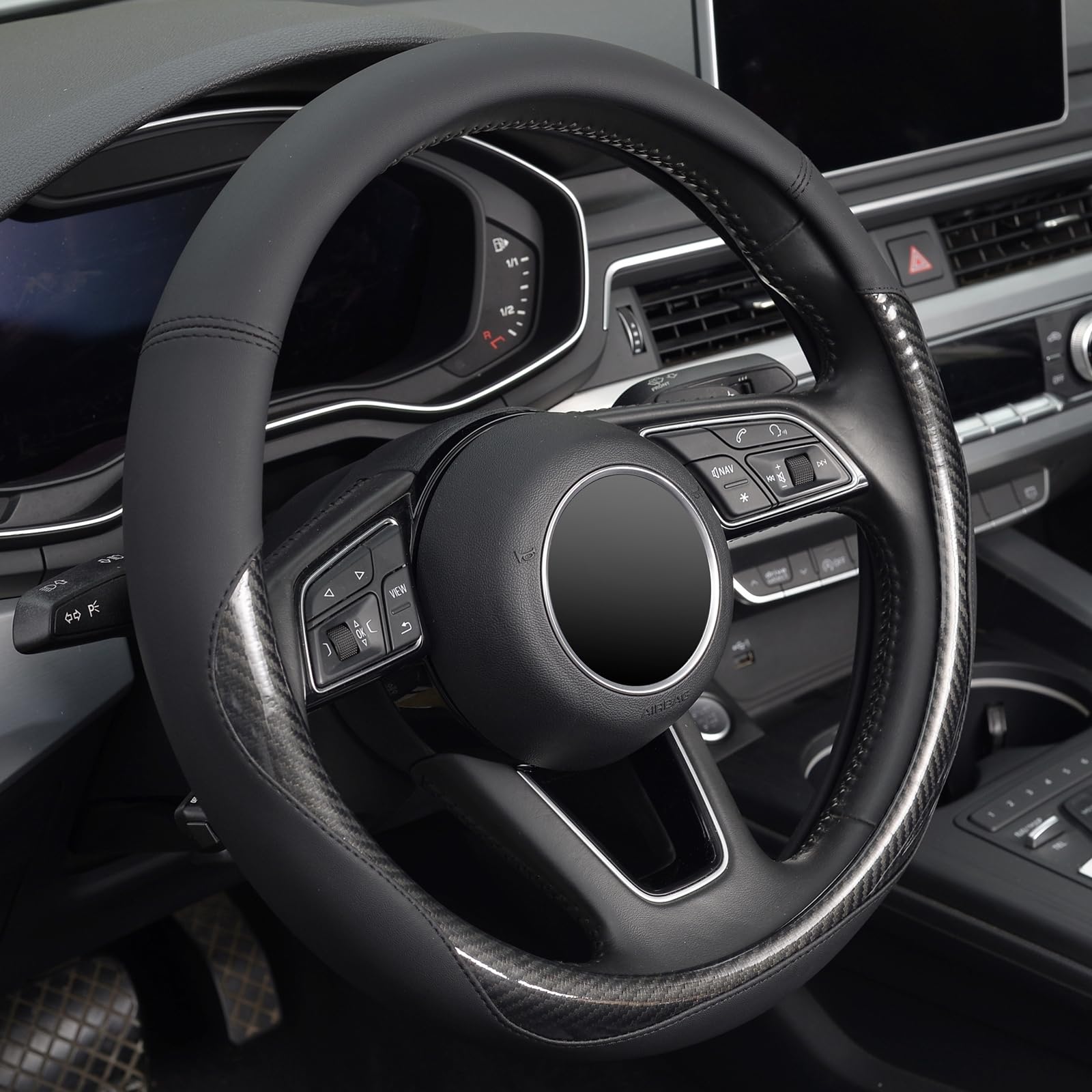 Photo 1 of ZHOL Car Steering Wheel Cover, Universal 15 Inch Microfiber Leather Carbon Fiber Steering Wheel Cover for Women Men, Anti-Slip, Black Black3