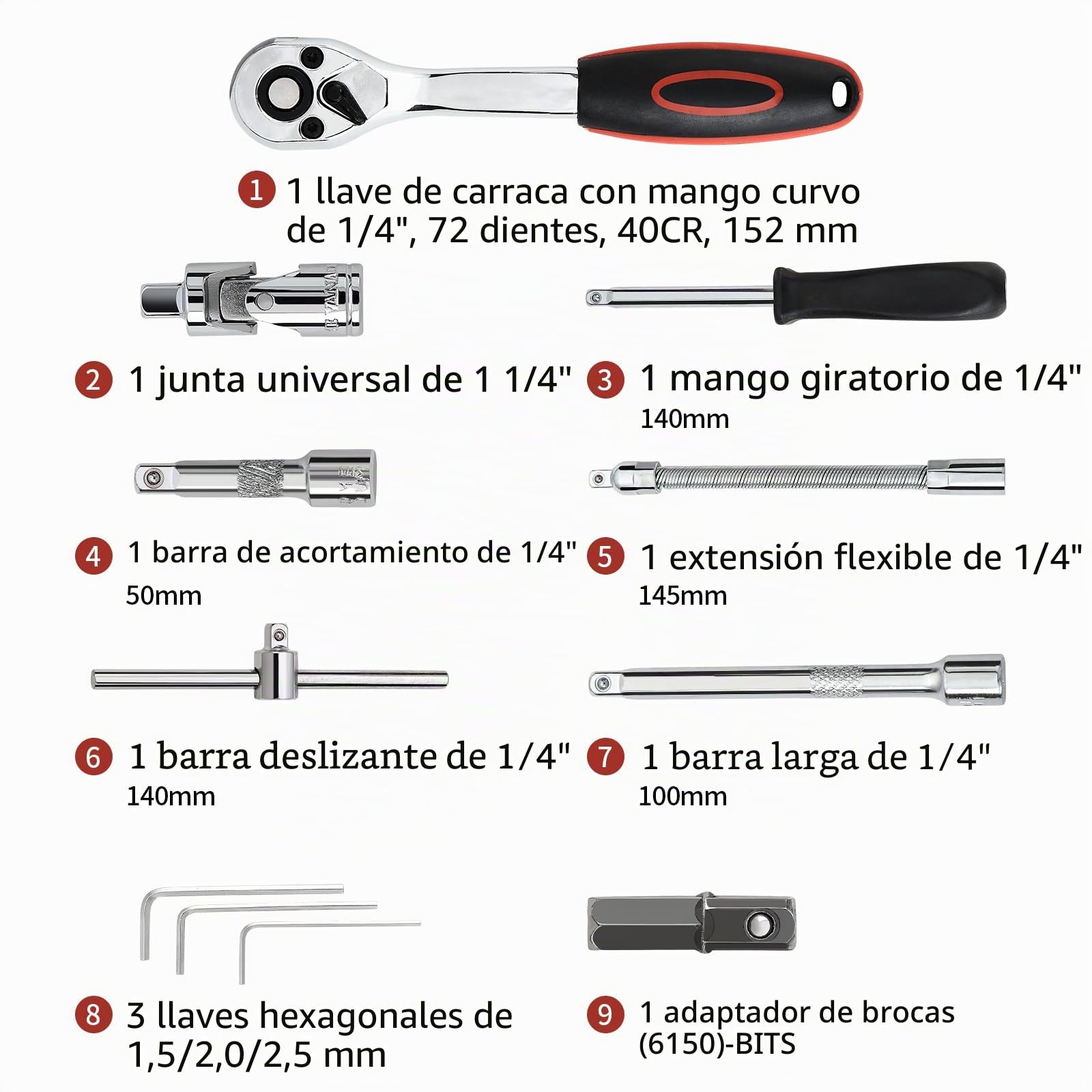 Juego de llaves de vaso 46pcs Cr-V,72 dientes Llave Carraca 1/4".Carraca pequeña con Maletin herramientas,Llaves de tubo cromadas y pulidas,ideal para reparación de coches y trabajos mecánico