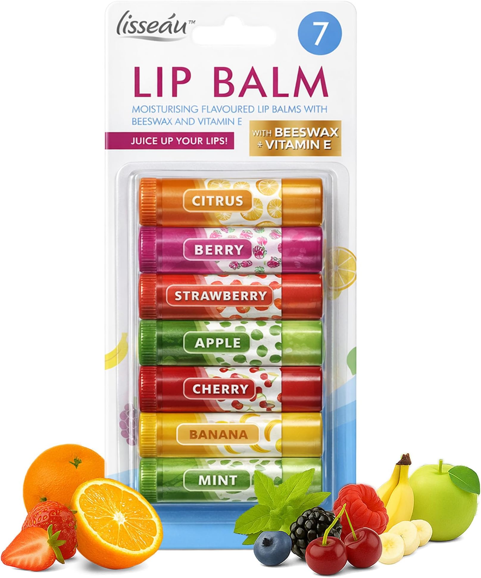 SOL 7pk Womens Lip Balm Set Flavoured Moisturiser for with Beeswax & Vitamin E - Fruit Lipbalm for Girls and Teens, Moisturising Balms Multipack Sticks for Dry and Chapped Lips for Daily Use & Gifting
