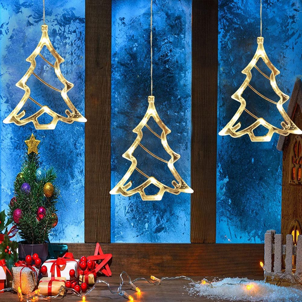 YuuFcy Christmas Star Window Lights, Pack of 3 LED Hanging Christmas Window Lights with Suction Cups, Battery Operated Christmas Decorations Lights for Indoor Outdoor Xmas Party (Christmas Tree)