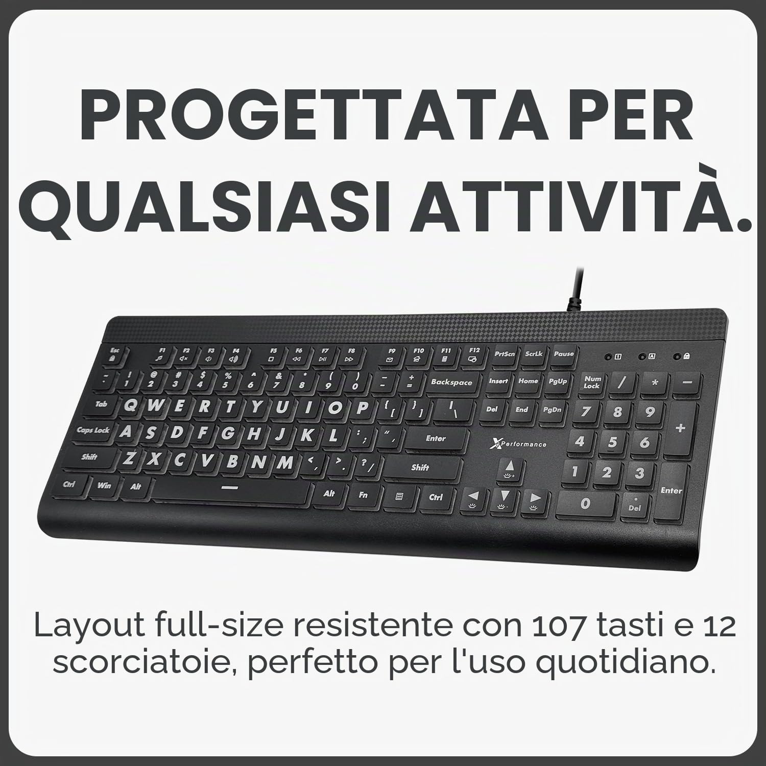 X9 Performance Tastiera retroilluminata di grandi dimensioni, facile da vedere, con cavo USB, layout a 107 tasti, 7 LED a colori, tastiera grande per ipovedenti, per PC Windows