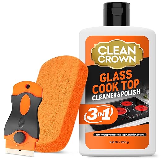3-in-1 Cooktop Cleaner Kit (8.8 Oz Cooktop Cleaner + Scrubbing Pad + Scraper), Stovetop Cleaner for Electric Top Stoves, Ceramic Cooktops & Fireplace Glass, Remove Burned on Food, Grease