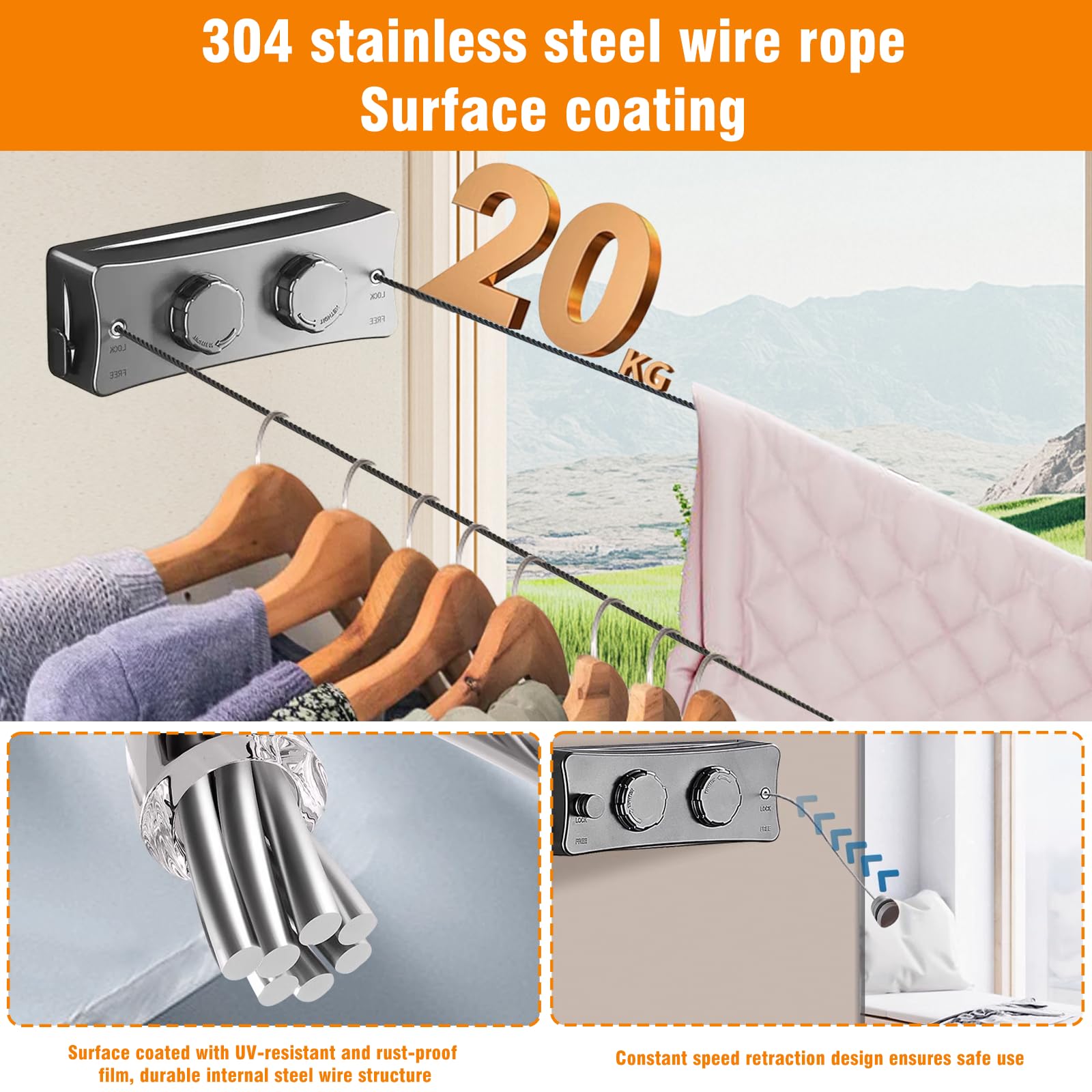 Lsvgoe Retractable Clothesline 4.2m, Duo Reel Washing Line, Wall - View #6