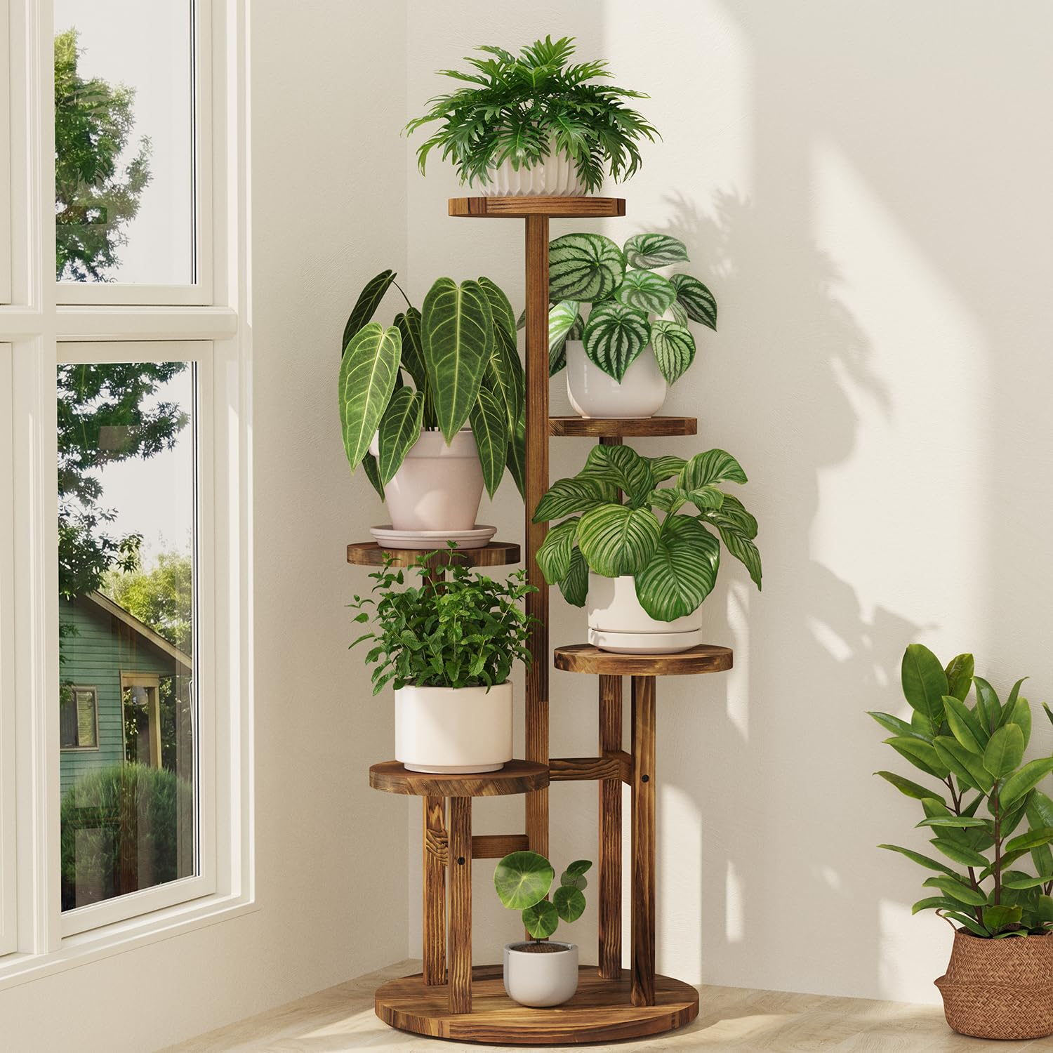 iDavosic.ly 5 Tier Wood Plant Stand Indoor Outdoor Corner Tall Shelf, Brown
